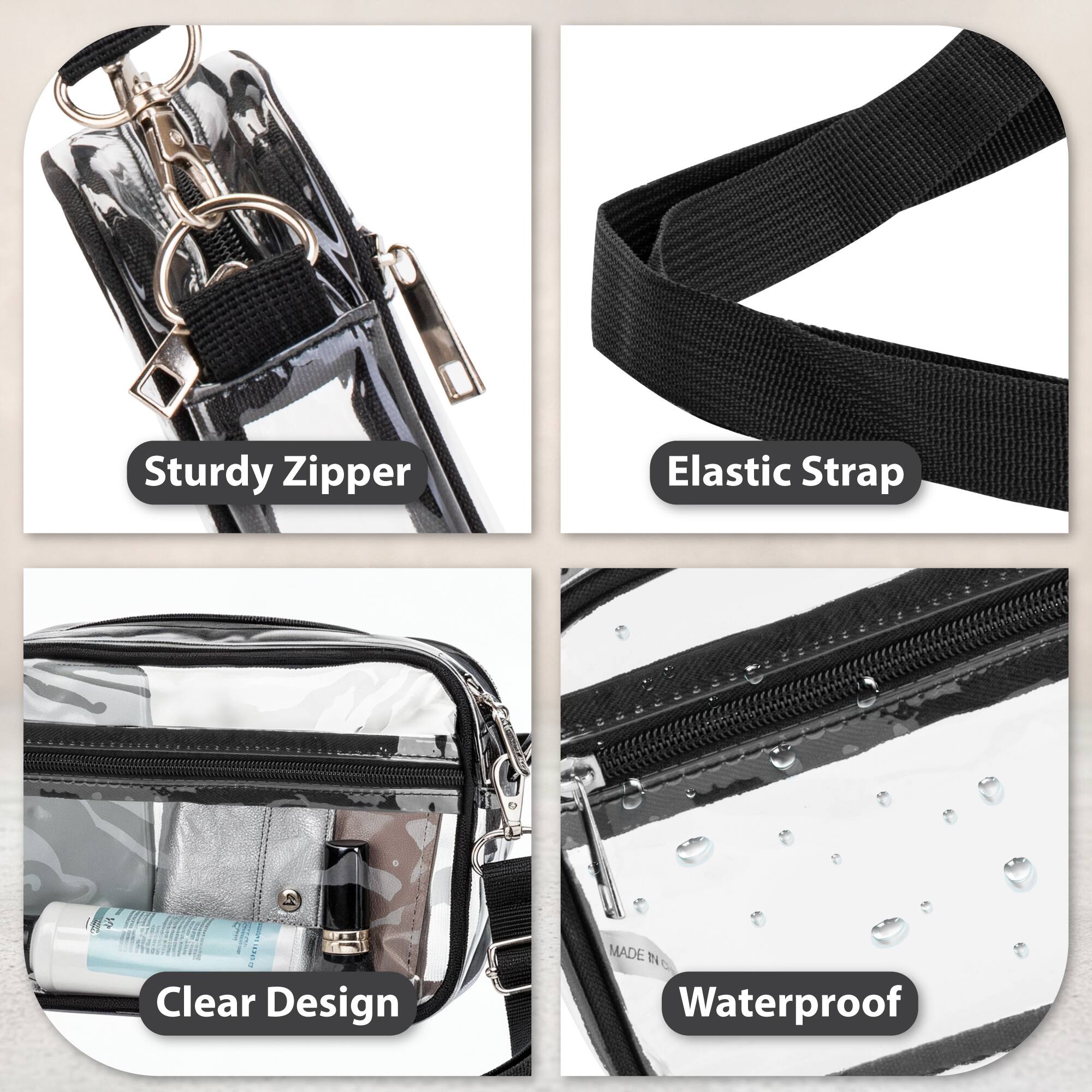 - Sturdy Zipper
- Elastic Strap
- Clear Design
- Waterproof