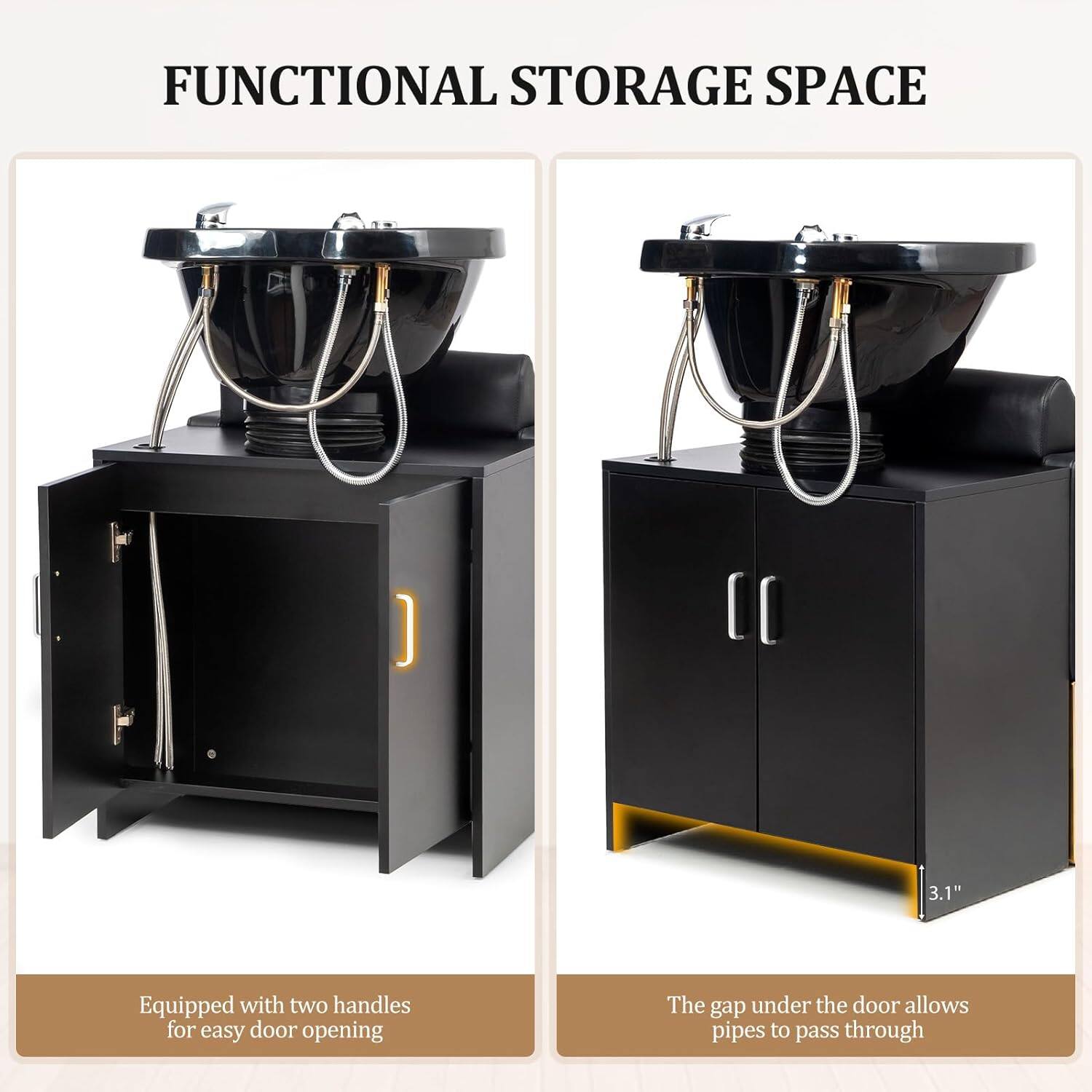 FUNCTIONAL STORAGE SPACE

3.1" Equipped with two handles for easy door opening

The gap under the door allows pipes to pass through