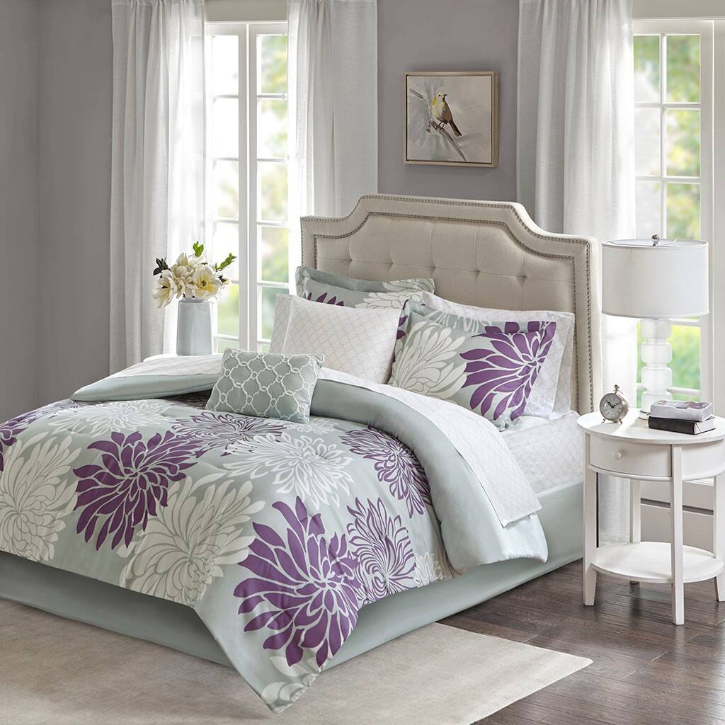 Alt View 3. Gracie Mills - Gracie Mills Willie 9-Piece Floral Comforter Set with Cotton Sheets - Purple.