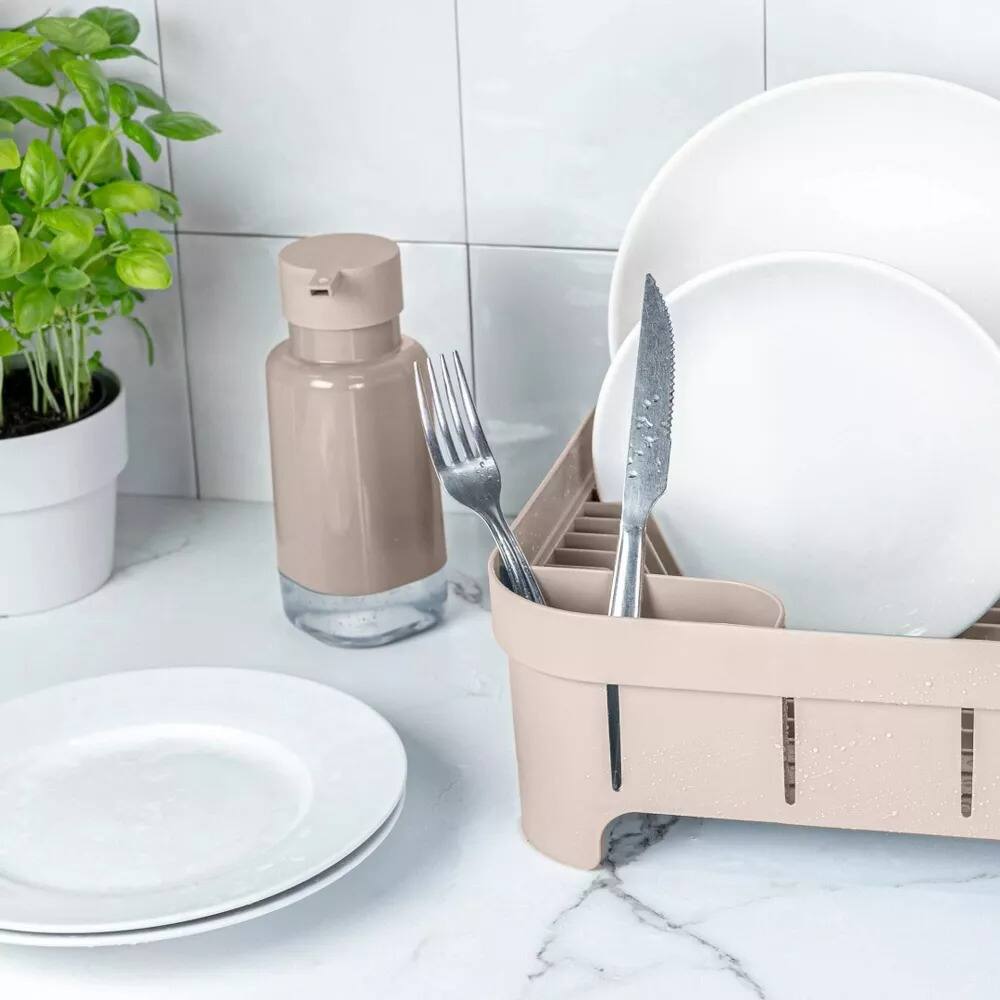 Back. OU - OU Dish Drying Rack for Kitchen Counter, Freestanding Plastic Dish Strainer with Utensil Holder - Beige - Beige.
