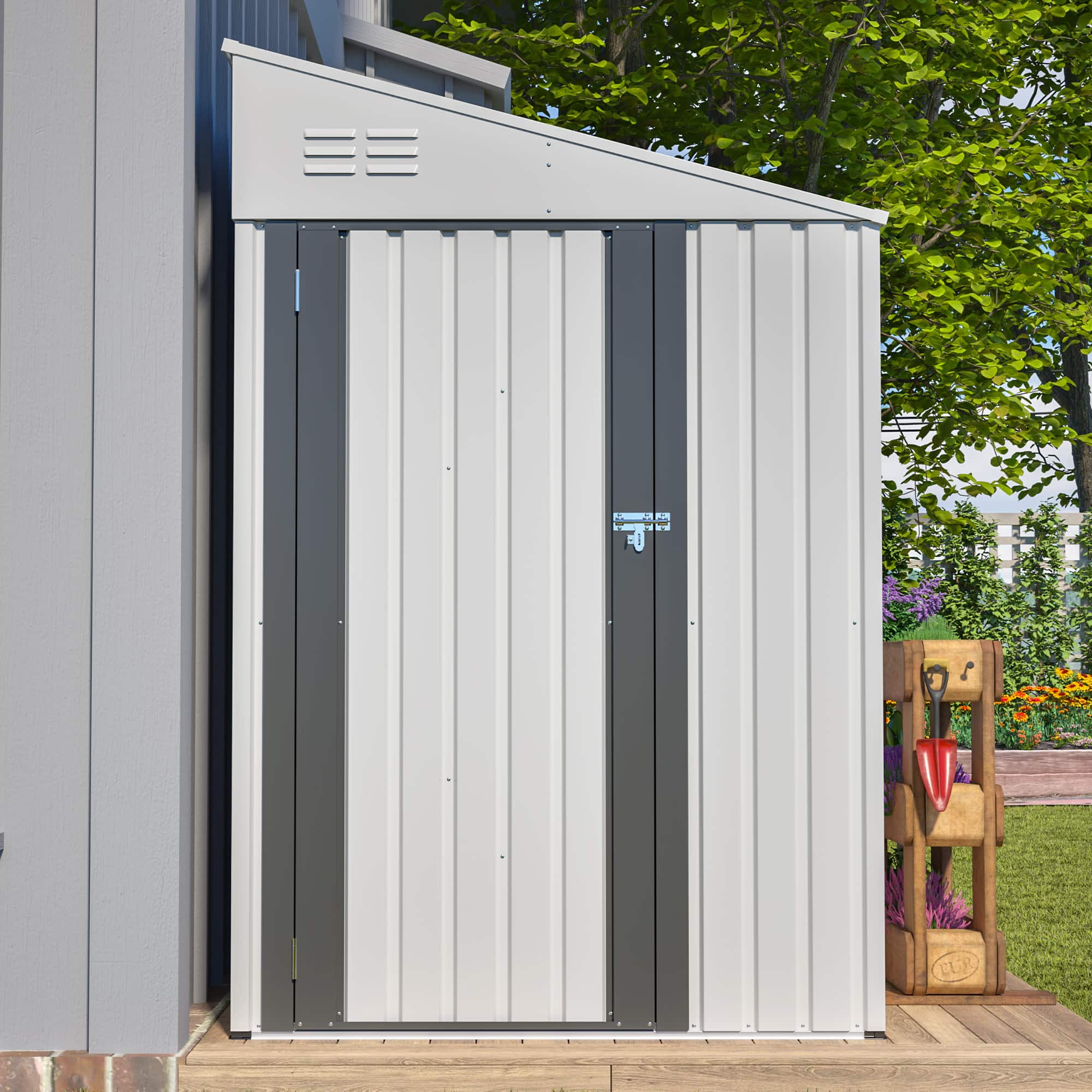 Anysun - 4×7Ft Outdoor Lean-To Design Storage Shed with Lockable Door, Easy Assembly - White