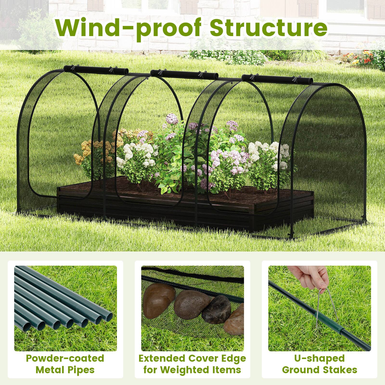 Wind-proof Structure

Powder-coated Metal Pipes

Extended Cover Edge for Weighted Items

U-shaped Ground Stakes