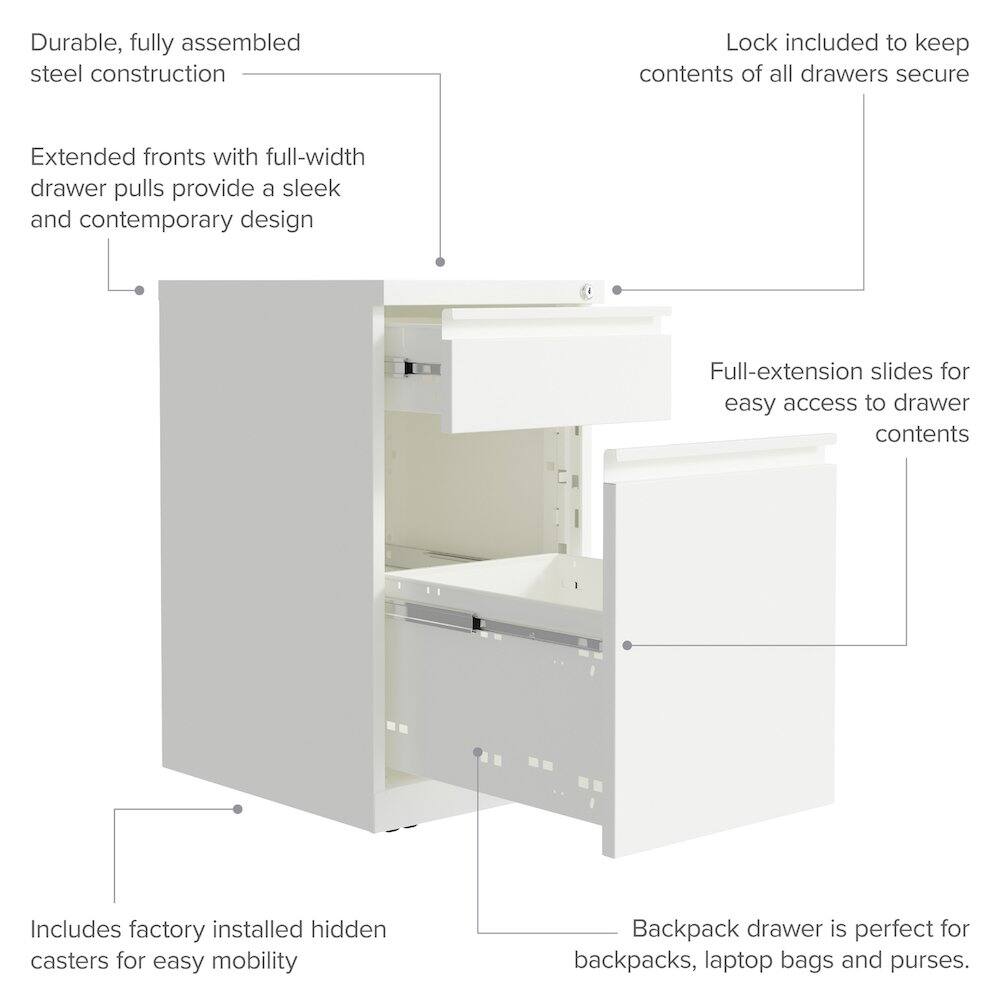 Durable, fully assembled steel construction

Lock included to keep contents of all drawers secure

Extended fronts with full-width drawer pulls provide a sleek and contemporary design

Full-extension slides for easy access to drawer contents

Includes factory installed hidden casters for easy mobility

Backpack drawer is perfect for backpacks, laptop bags and purses.
