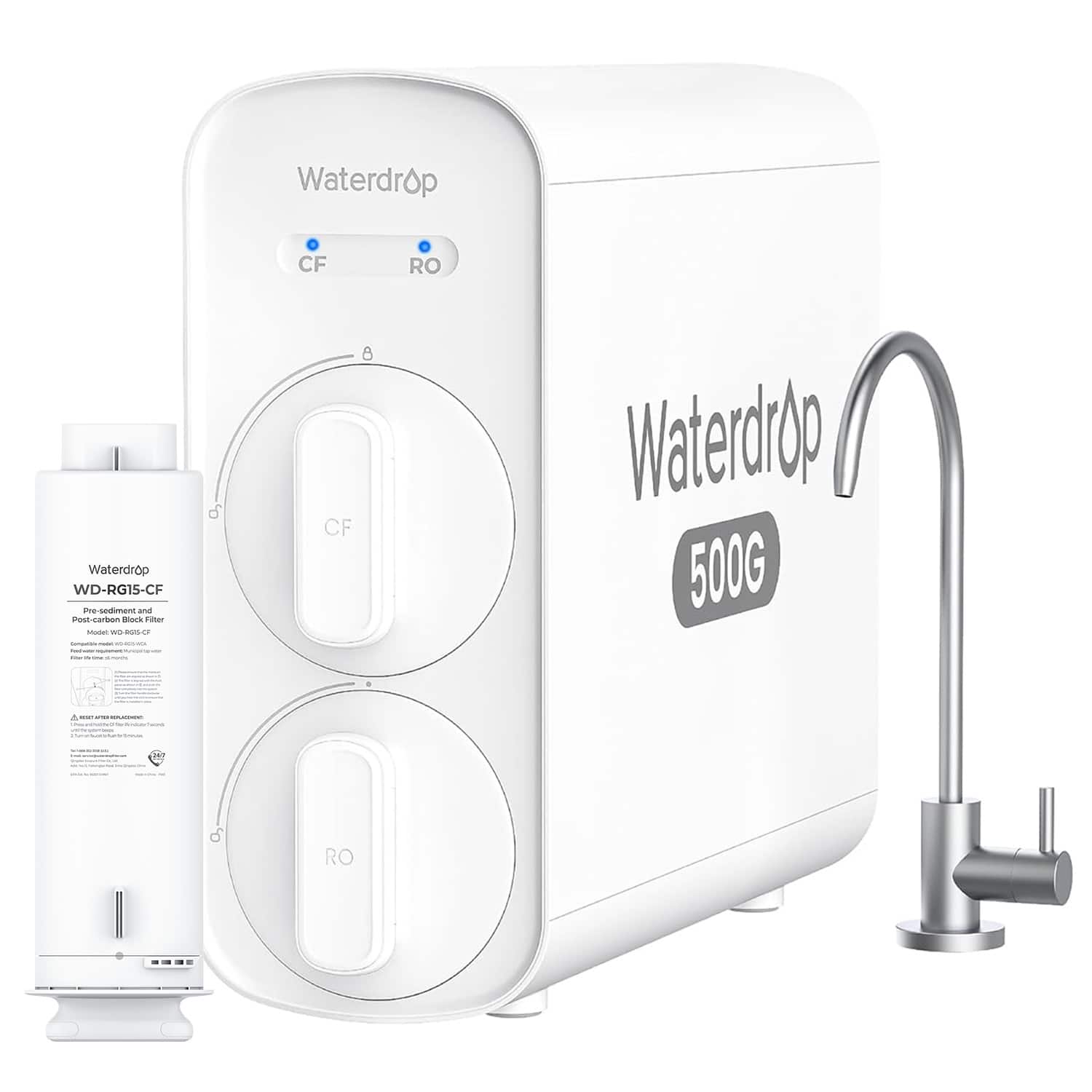 Waterdrop  
WD-RG15-CF  
Pre-sediment and Post-carbon Block Filter  
Model: WD-500G-CF  

Waterdrop  
500G  

Waterdrop  
CF  
RO