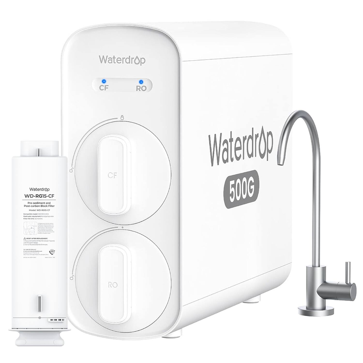 Waterdrop - G5P500 Reverse Osmosis Water Filter, NSF/ANSI 372 Certified, 7 Stage Reverse Osmosis System, 500G RO Water Fil - White