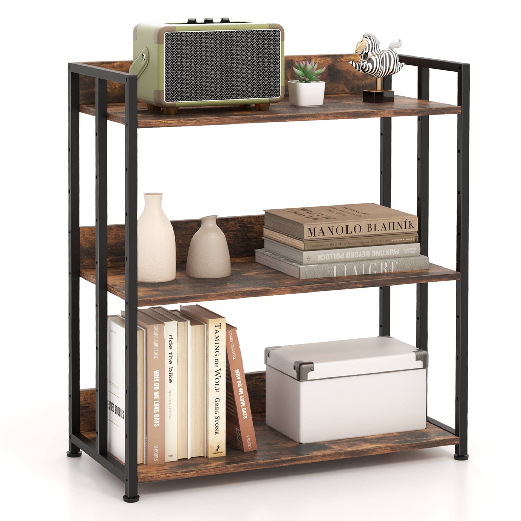 Costway - 3-Tier Industrial Metal Frame Corner Bookcase with Adjustable Shelves Rustic Brown - Rustic Brown & Black