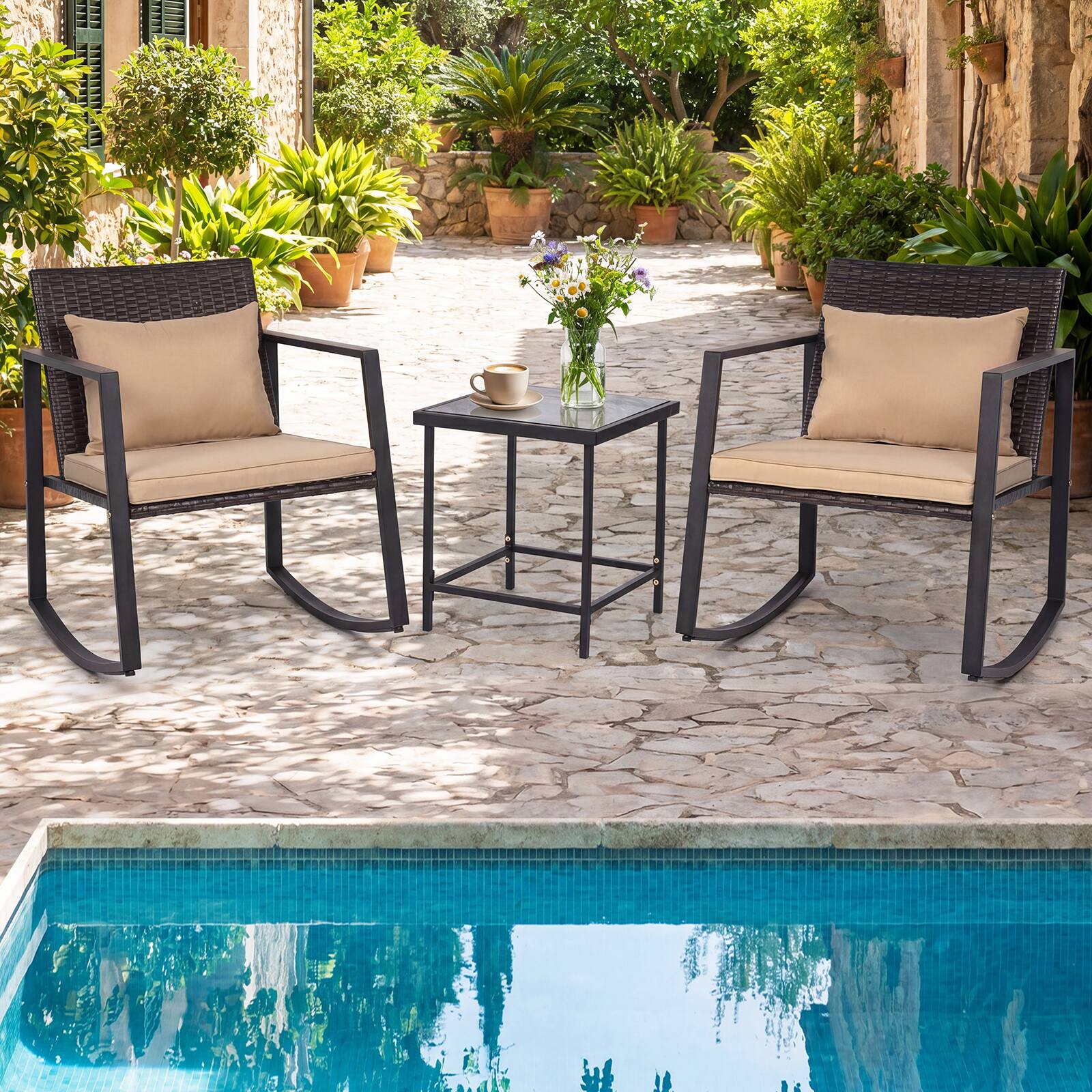 Alt View 1. Gymax - Gymax 3-Piece Outdoor Rocking Bistro Set Patio Rocking Chairs & Coffee Table Set - Black.