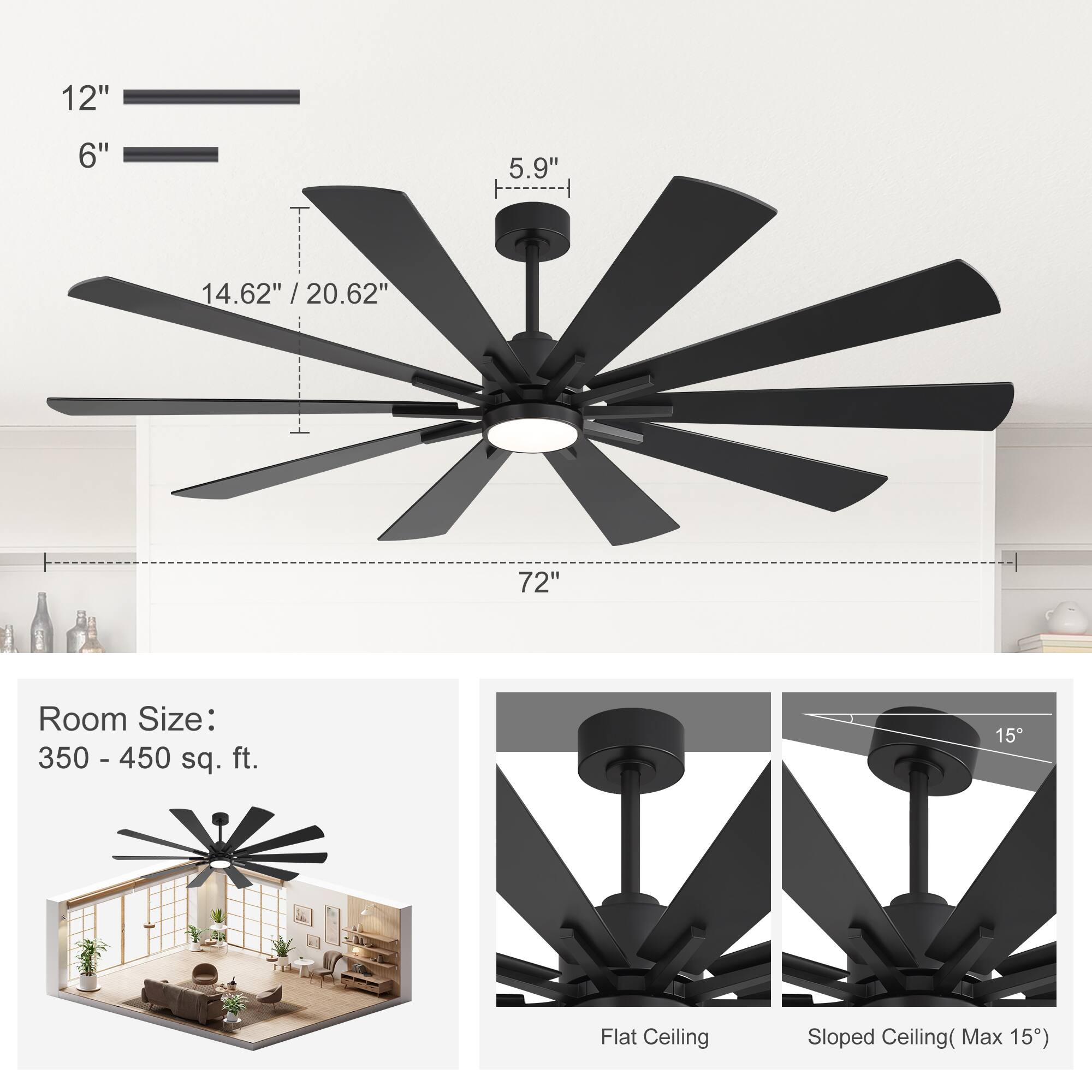 12"  
6"  
5.9"  
14.62" / 20.62"  
72"  

Room Size: 350 - 450 sq. ft.  

Flat Ceiling  
Sloped Ceiling (Max 15°)