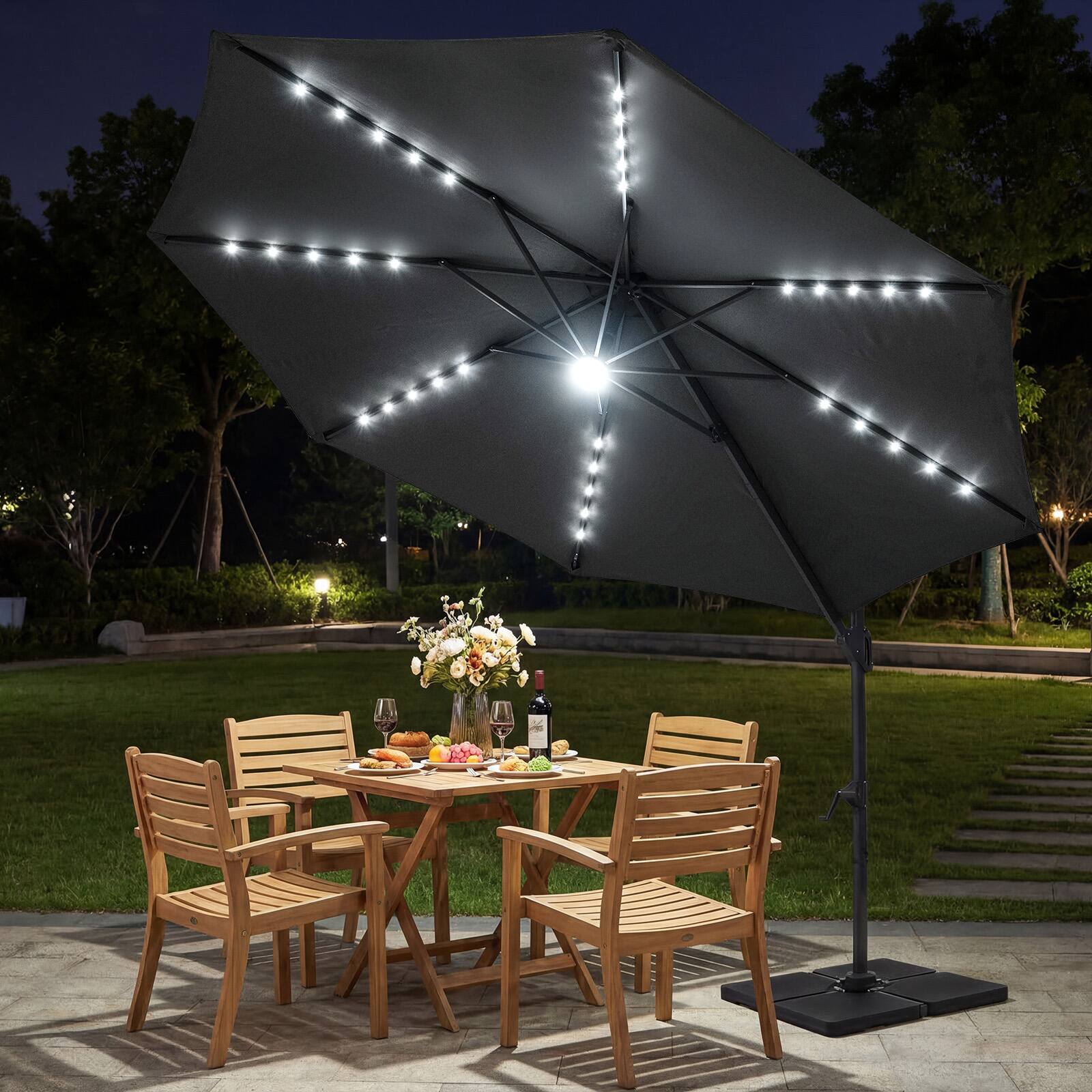 Alt View 1. Costway - Costway 10 FT Cantilever Patio Umbrella with Solar LED Lights, 360° Rotation, Easy Tilt - Gray.