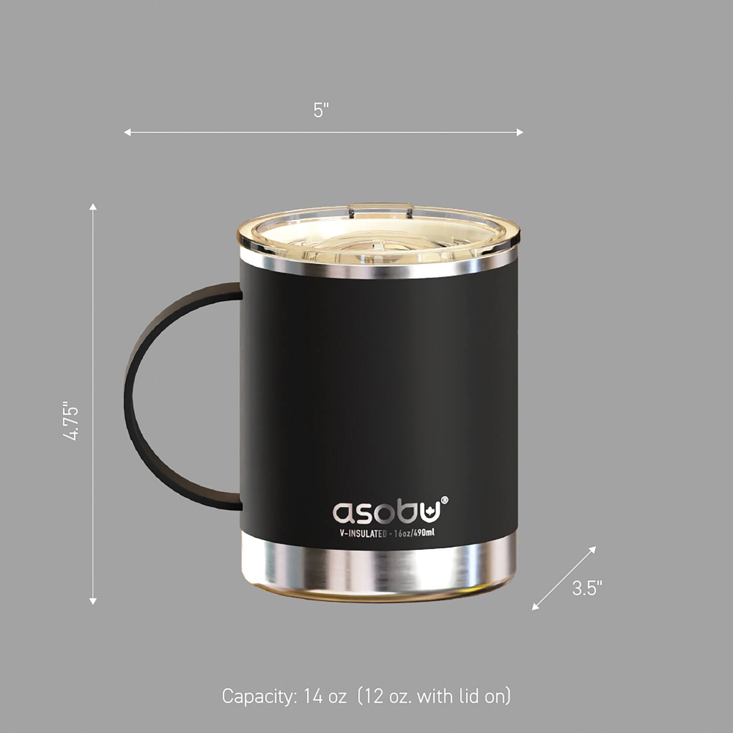 5" 4.75" asobu V-INSULATED -16oz/490ml 3.5" Capacity: 14 oz (12 oz. with lid on)