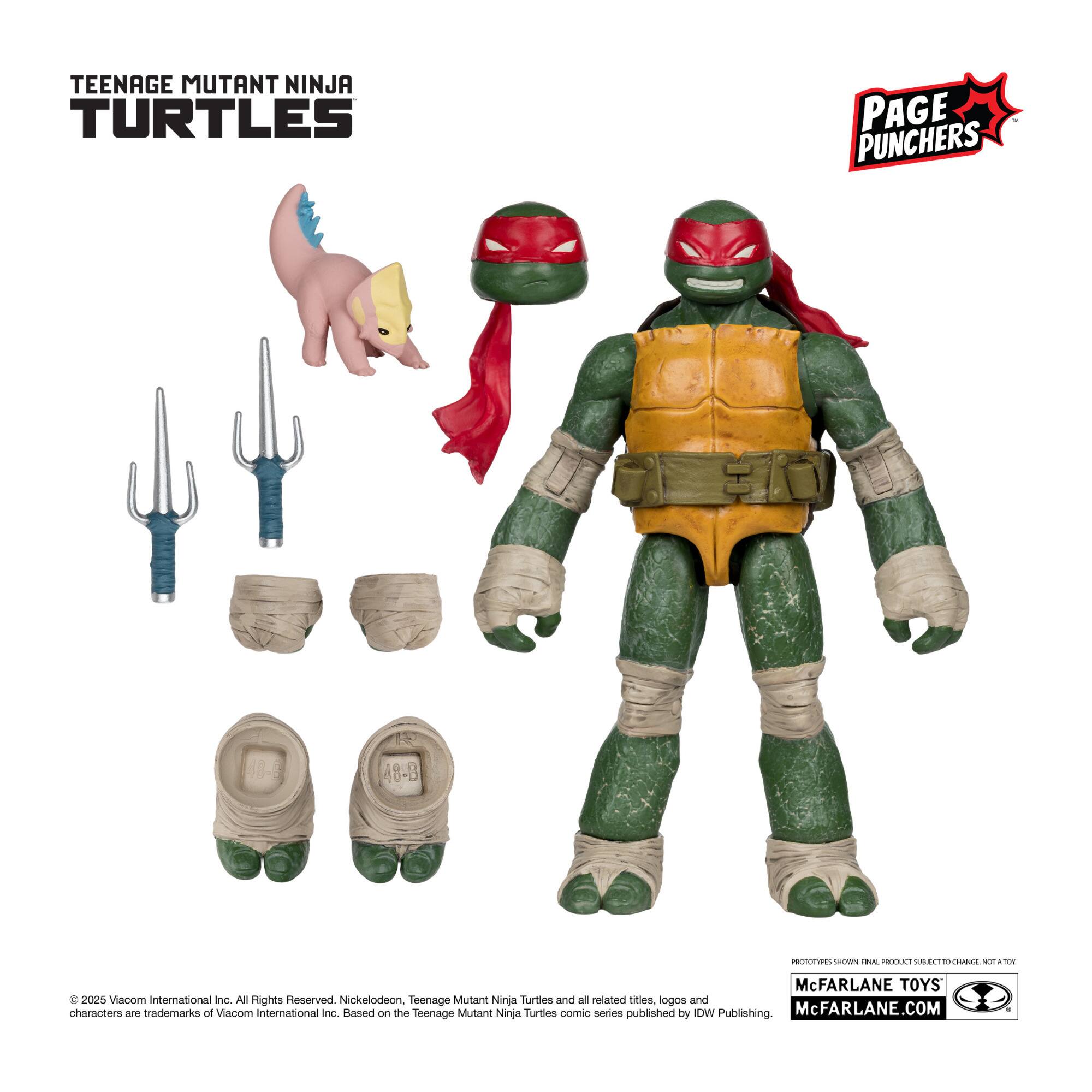 TEENAGE MUTANT NINJA TURTLES PAGE PUNCHERS 08-5 48-B PCRHE SAETAA - DOL .AE 5 CoatuA MI - AN McFARLANE TOYS C 2025 Viacom international inc. AS Rights Reserved Nickelodeon, Teenage Mutant Ninja Turtles and all bonston tities. logos and characters re trademarks of Viacom International Inc. Rased on the Teenage Mutant Ninja Turties comic series published by IDW Publishing McFARLANE.COM