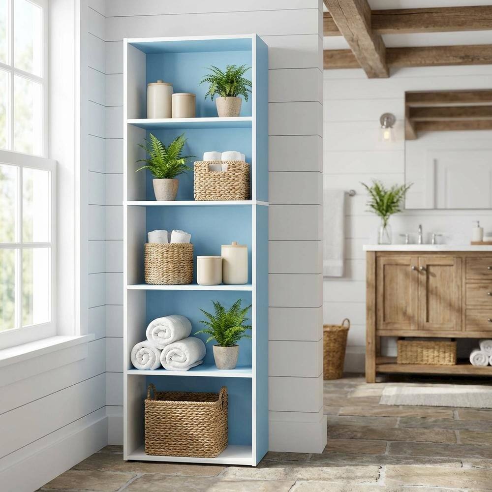 Angle. FurniFact - White and Light Blue 5-Tier Reversible Open Shelf Bookcase - Brown.