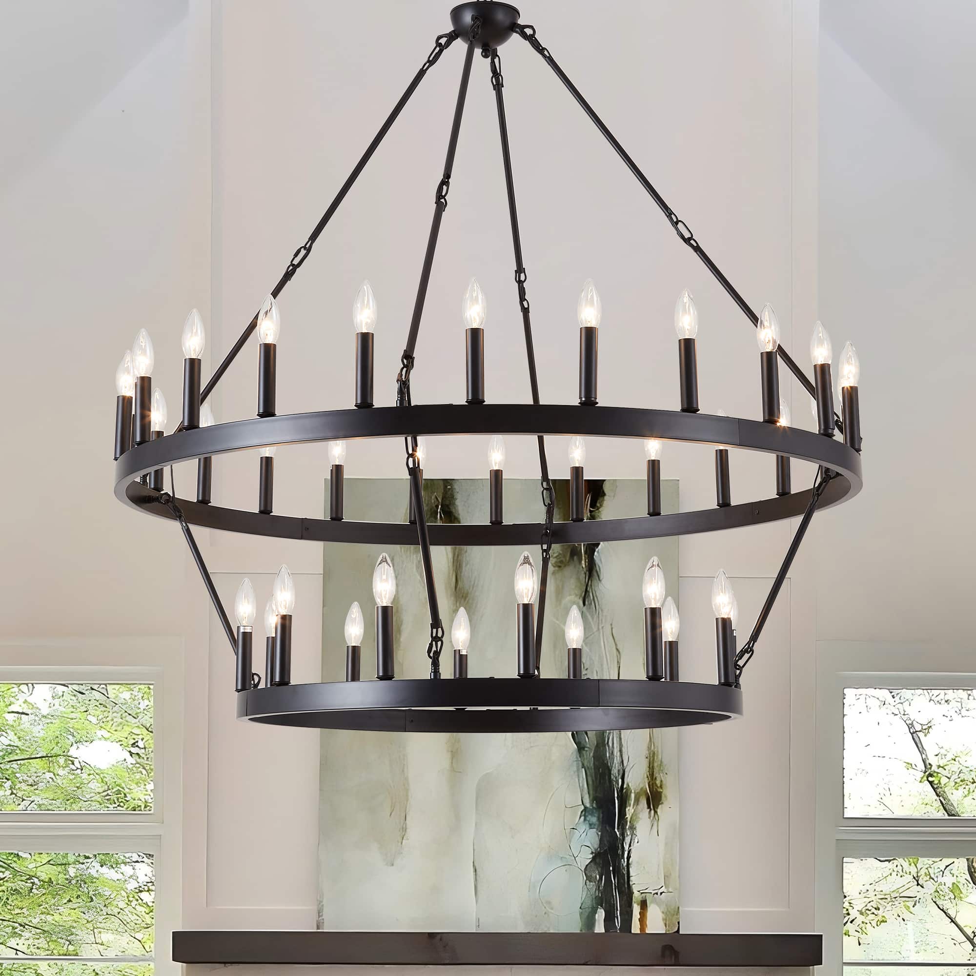 RYHNUYNE - 36 Light Wagon Wheel Chandelier 48 Inch 2 Tier Large Round Farmhouse Pendant Light Fixture for Foyer Entryway - Black