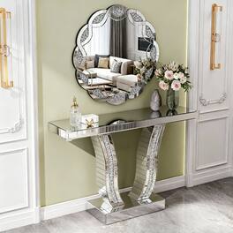 Loheer - 43 inch mirrored console table, glam entryway table with glass top - Silver