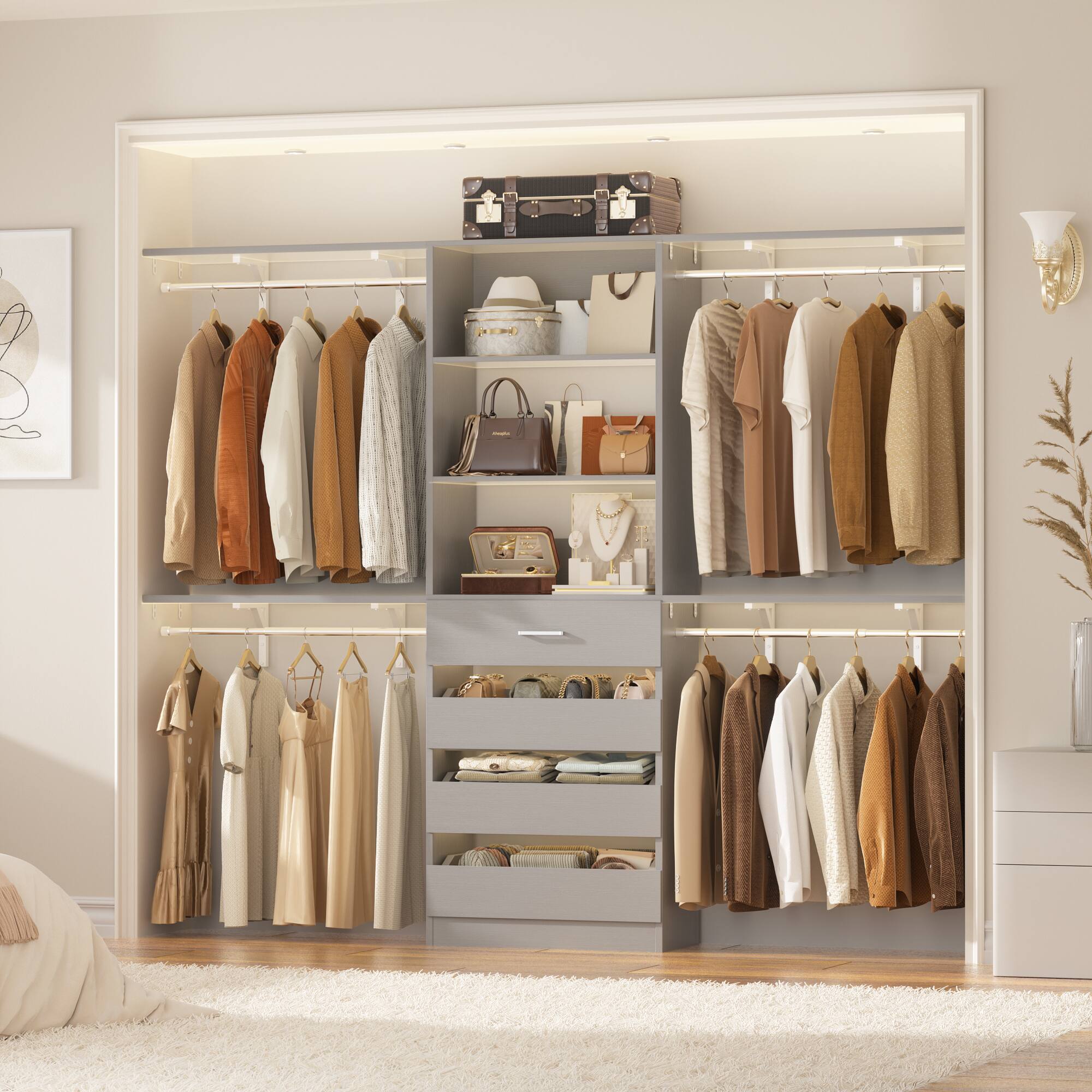 Back. Aheaplus - Heavy-Duty 8FT Closet Organizer with 4 Drawers - Customizable Storage for Spaces 4-9 ft - Gray.