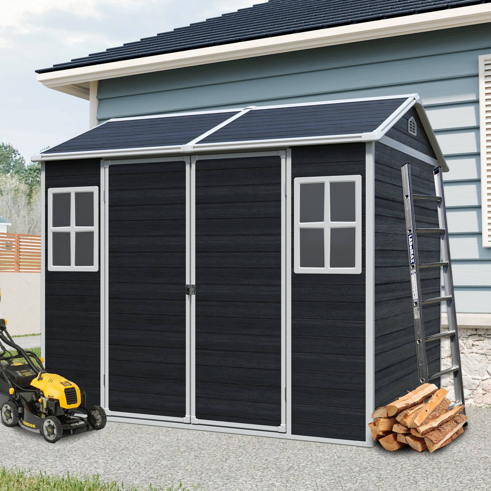 Loheer - 8x6 Resin Outdoor Storage Shed Waterproof Garden Tool Shed with Floor Windows and Lockable Door Black