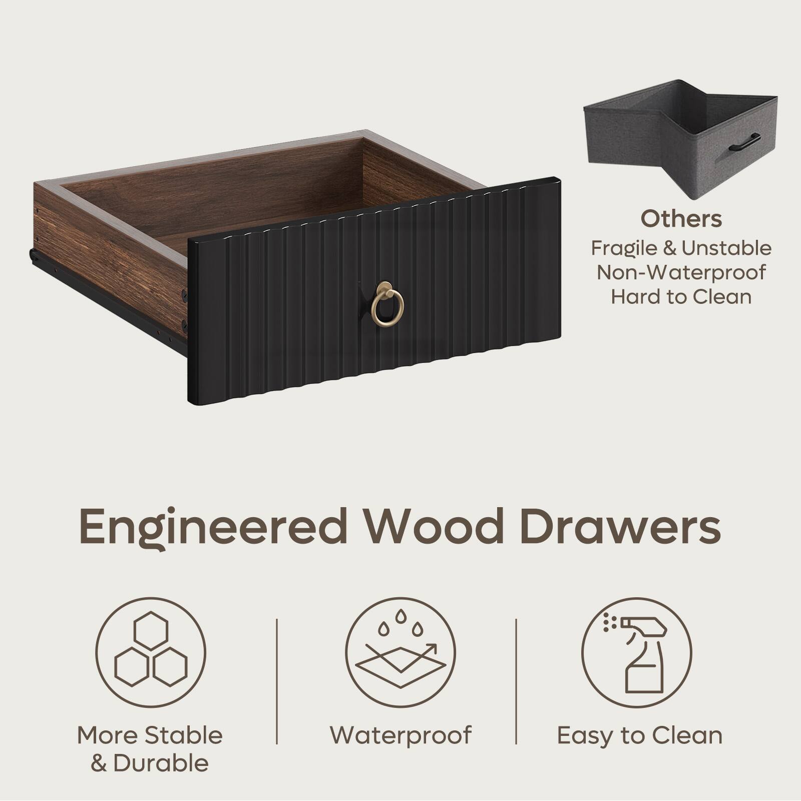 Others: Fragile & Unstable Non-Waterproof Hard to Clean Engineered Wood Drawers More Stable & Durable Waterproof Easy to Clean