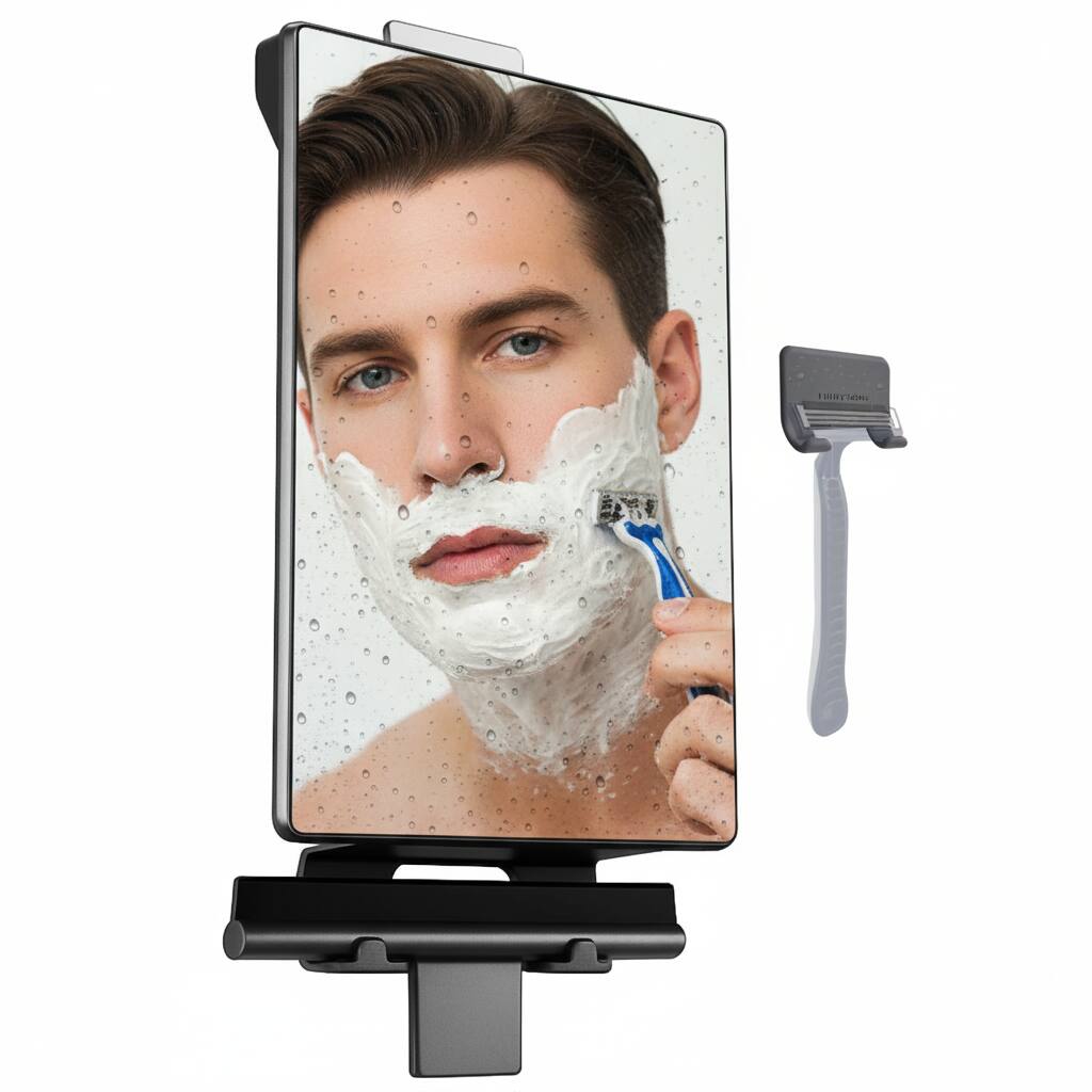 Left. Dazzed Corner - Fogless Shower Mirror with Water Tank, Adhesive Hook, Razor Holder & Squeegee - Black.