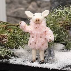 Angle. BreeBe - Pink Fur Skater Pig Felted Ornament - Cream, Pink.
