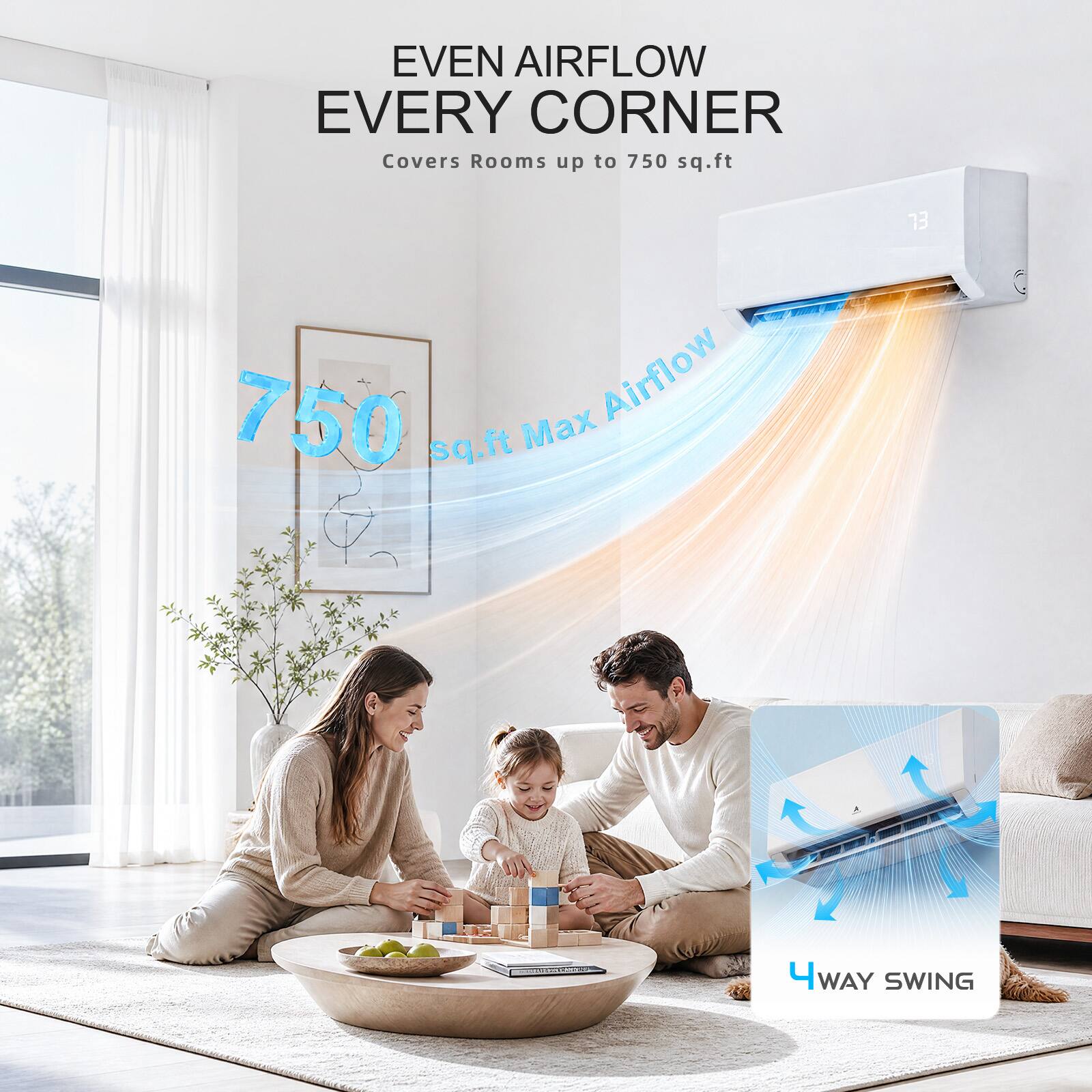 EVEN AIRFLOW EVERY CORNER  
Covers Rooms up to 750 sq.ft  
750 sq.ft Max Airflow  
4 WAY SWING
