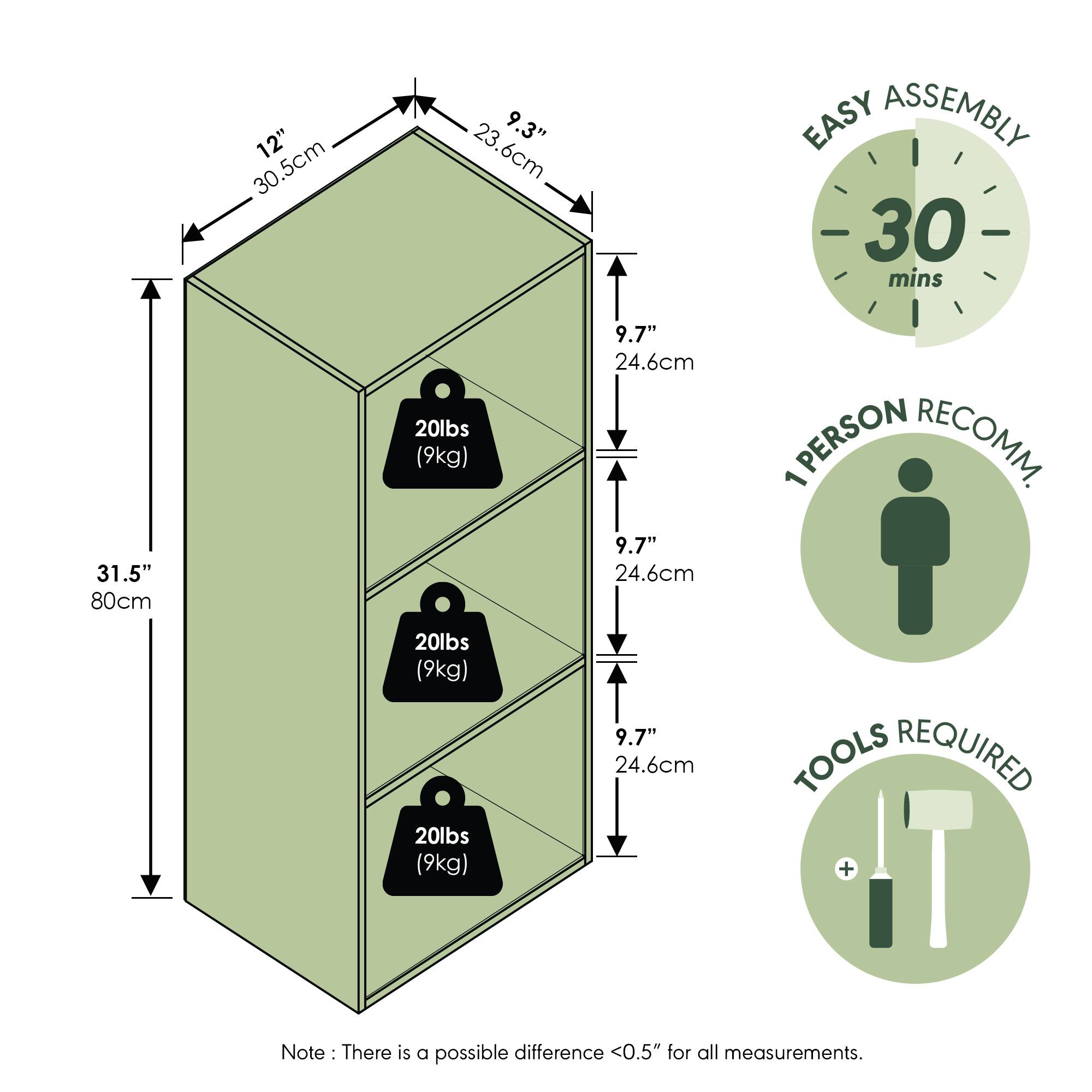 12" 30.5cm  
9.3" 23.6cm  
31.5" 80cm  
9.7" 24.6cm  
9.7" 24.6cm  
20lbs (9kg)  
20lbs (9kg)  
20lbs (9kg)  

EASY ASSEMBLY  
30 mins  

1 PERSON RECOMM.  

TOOLS REQUIRED  

Note: There is a possible difference <0.5" for all measurements.