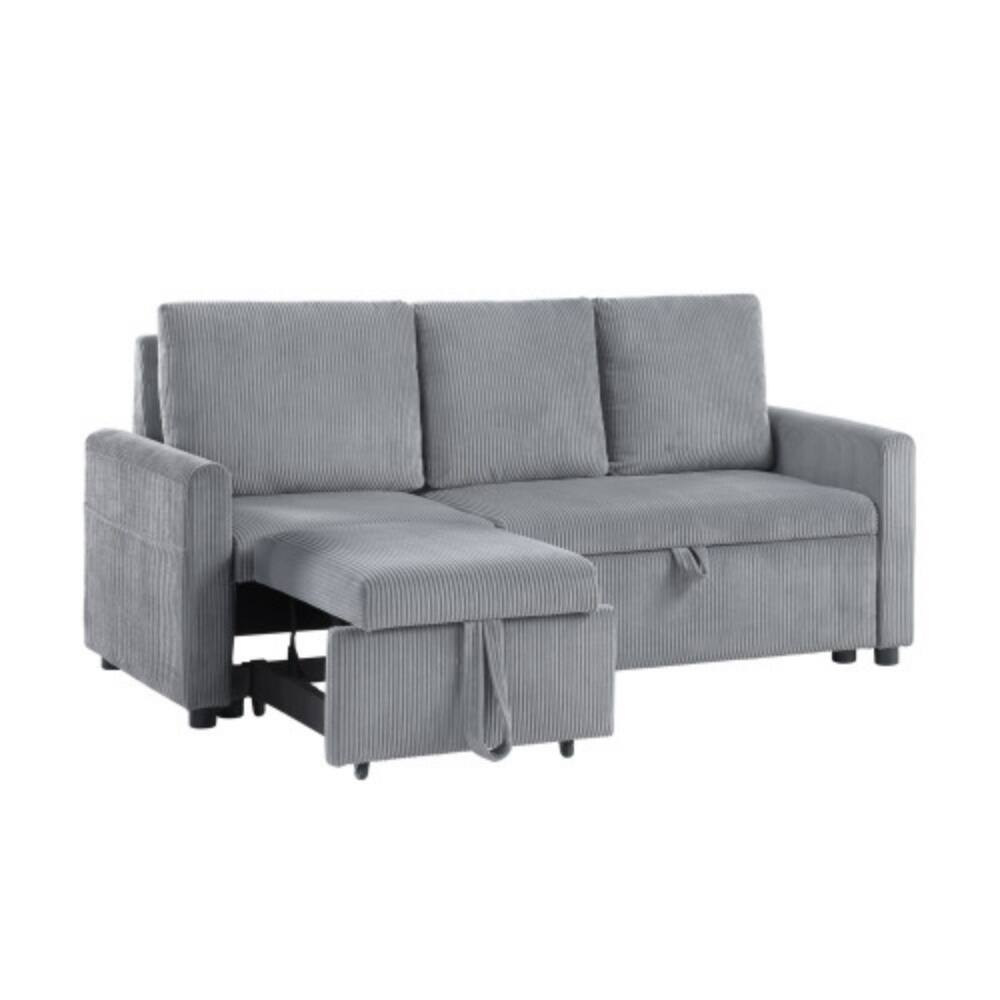 Alt View 1. LUCKY ONE - 70" Gray Corduroy Sofa with Pull-Out Chaise, Underseat Storage, Side Pockets, Compact Size for Small Spaces - Gray.
