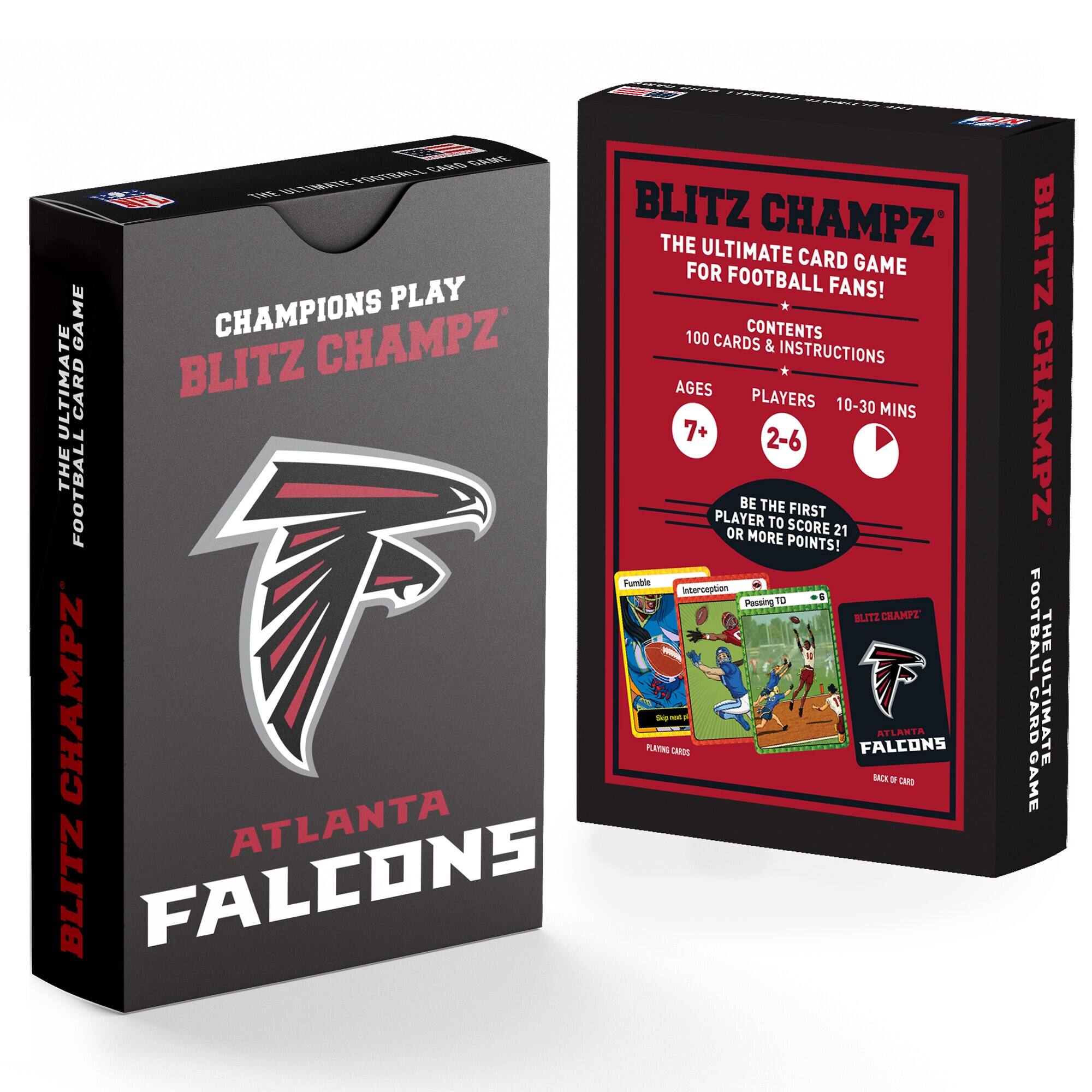 **Front of the Box:**

- CHAMPIONS PLAY
- BLITZ CHAMPZ
- ATLANTA FALCONS

**Side of the Box:**

- THE ULTIMATE CARD GAME FOR FOOTBALL FANS!
- 100 CARDS & INSTRUCTIONS
- AGES 7+
- PLAYERS 2-6
- 10-30 MINS
- BE THE FIRST PLAYER TO SCORE 21 OR MORE POINTS!

**Back of the Box:**

- BLITZ CHAMPZ
- THE ULTIMATE CARD GAME FOR FOOTBALL FANS!
- CONTENTS: 100 CARDS & INSTRUCTIONS
- AGES 7+
- PLAYERS 2-6
- 10-30 MINS
- BE THE FIRST PLAYER TO SCORE 21 OR MORE POINTS!
- Fumble
- Interception
- Passing TD
- BLITZ CHAMPZ
- ATLANTA FALCONS
- FLIPPING CARDS
- BACK OF CARD