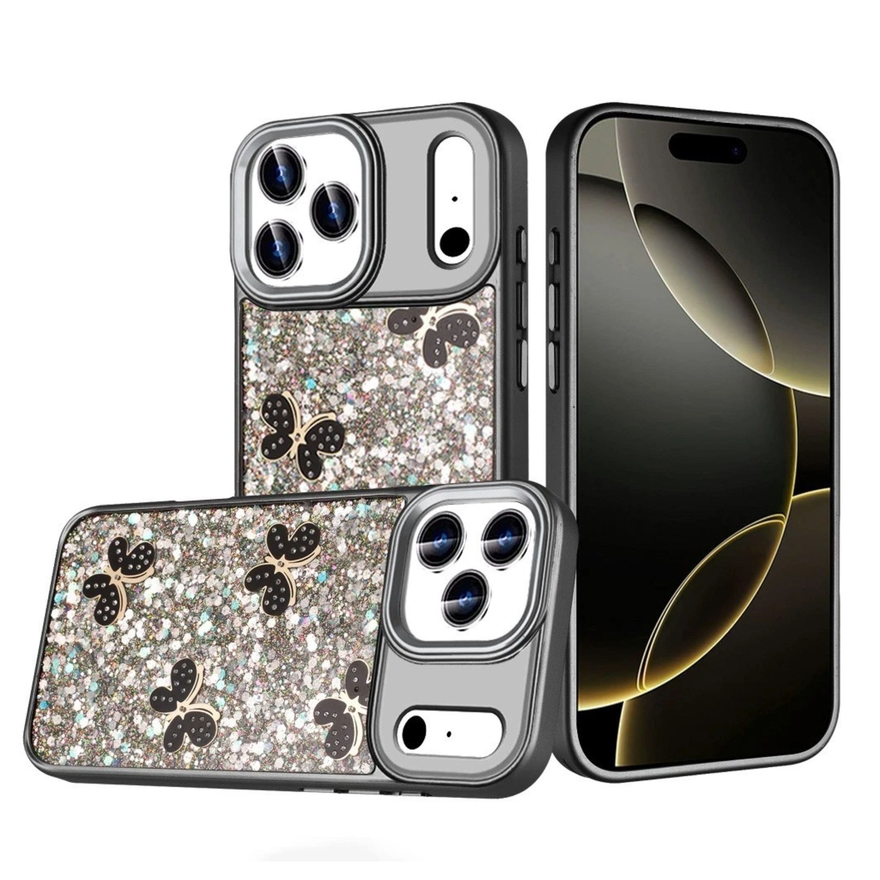 Kitcheniva - Full Glitter Flakes Butterflies Phone Case With Tempered Glass For iPhone 17 Pro Max - Black price history on PriceWatchPro