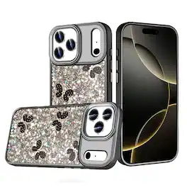 Kitcheniva - Full Glitter Flakes Butterflies Phone Case With Tempered Glass For iPhone 17 Pro Max - Black