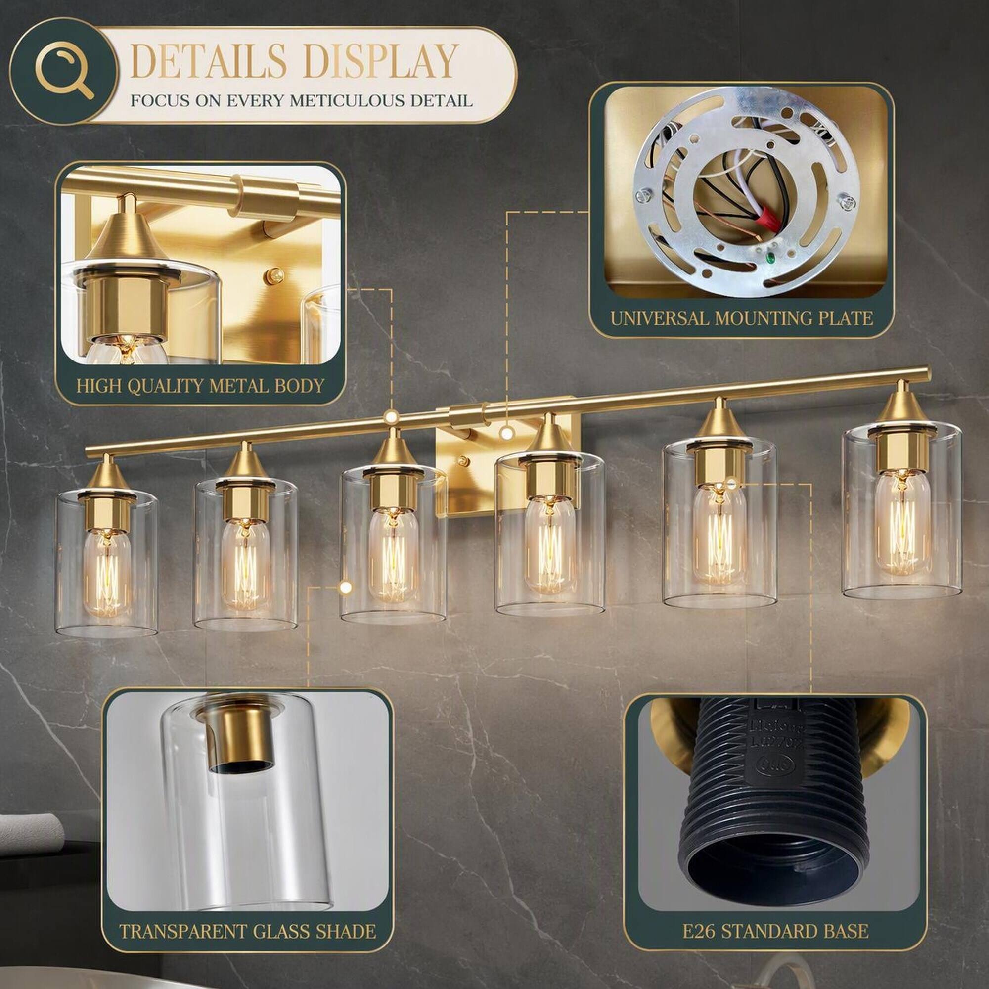 DETAILS DISPLAY  
FOCUS ON EVERY METICULOUS DETAIL

UNIVERSAL MOUNTING PLATE

HIGH QUALITY METAL BODY

TRANSPARENT GLASS SHADE

E26 STANDARD BASE