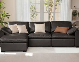 Dyonery - 120" Modular Sectional L Shaped Sofa with Storage Ottoman, Solid Wood Frame, Tool Free, Faux Leather Black - Black Faux Leather