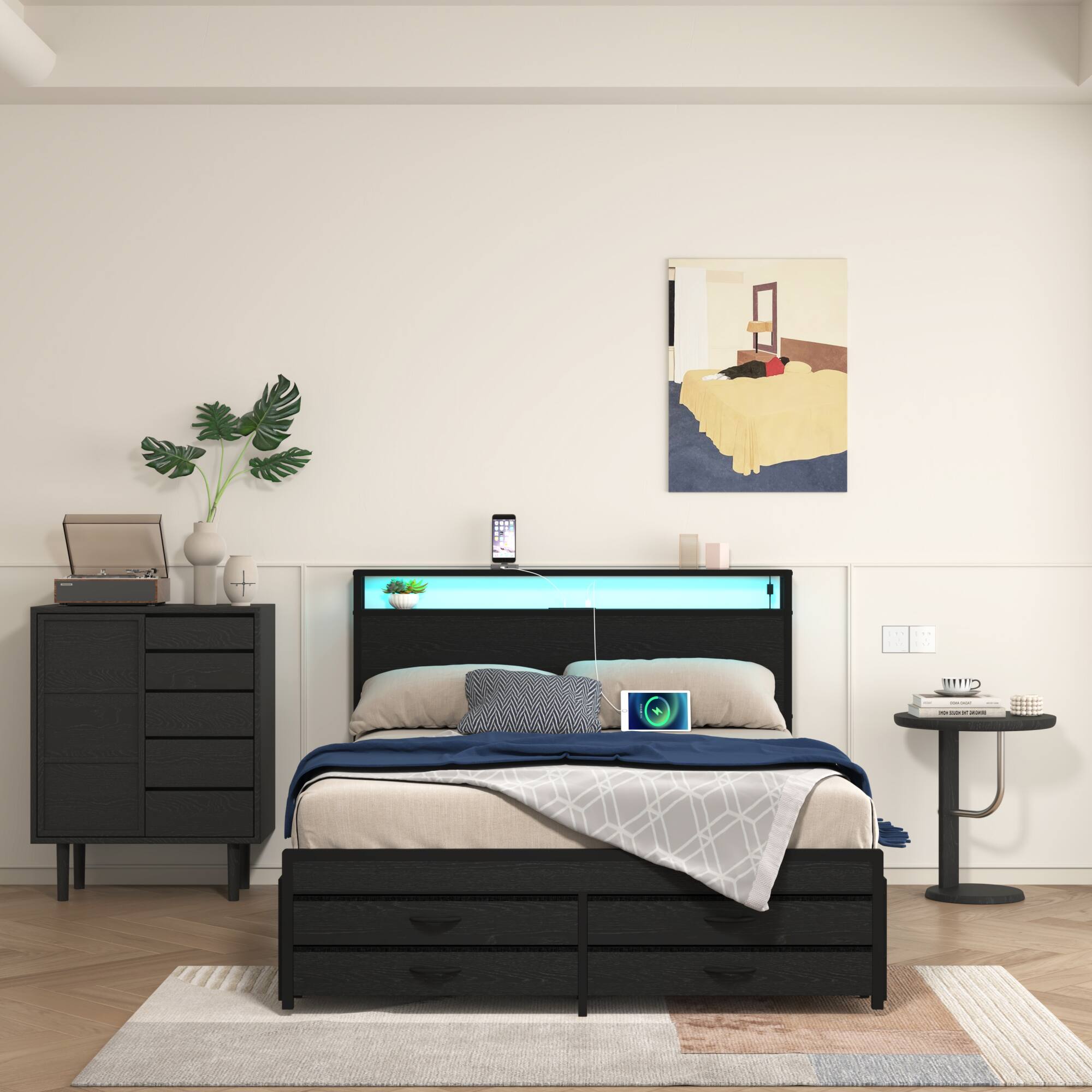 Left. GOODSILO - Full Size Storage Bed Frame with LED Headboard and Charging Station - Black.