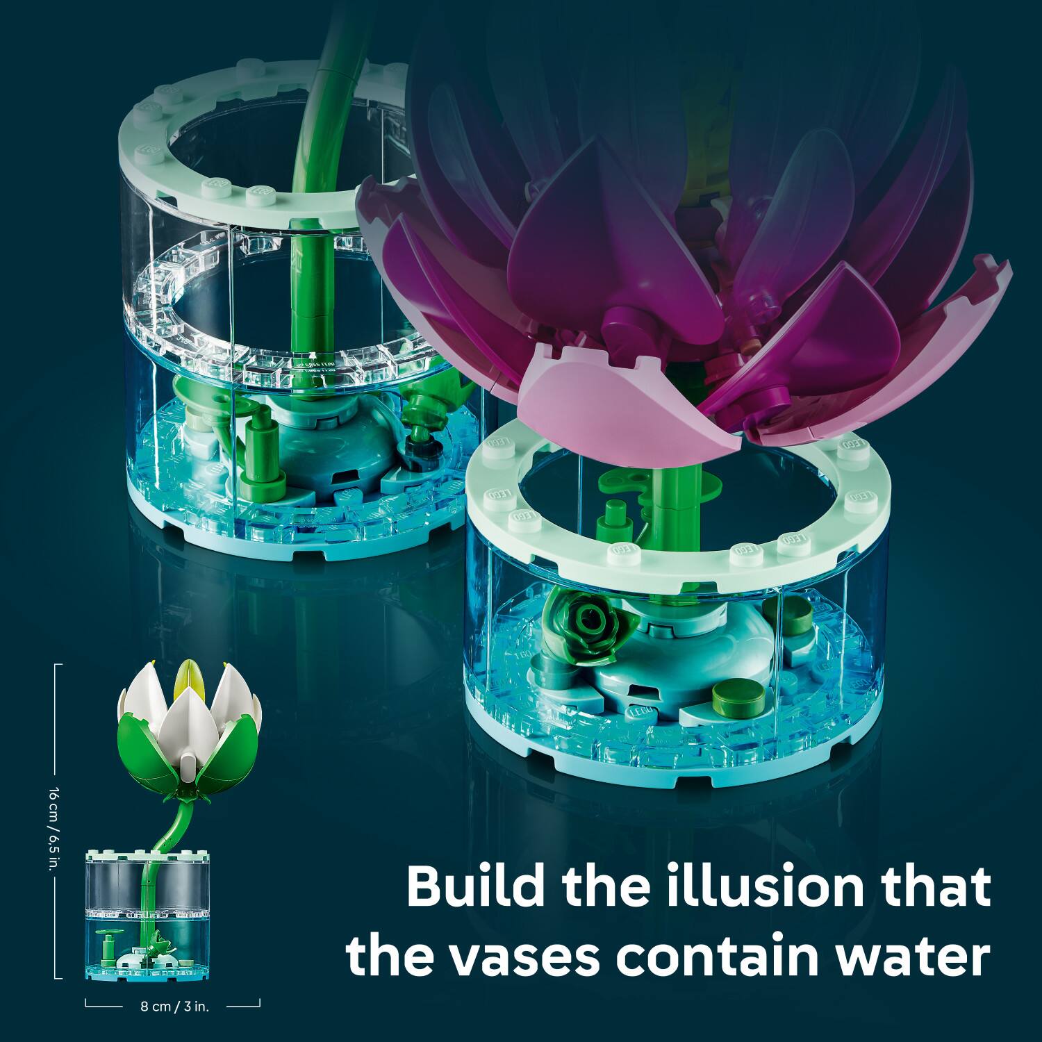 01 16 cm / 16cm/6.5 in. 6.5 in. B cm/3 cm / 3 in. Build the illusion that the vases contain water