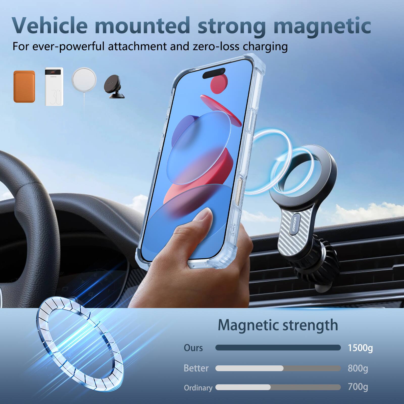 Vehicle mounted strong magnetic  
For ever-powerful attachment and zero-loss charging  

Magnetic strength  
Ours: 1500g  
Better: 800g  
Ordinary: 700g