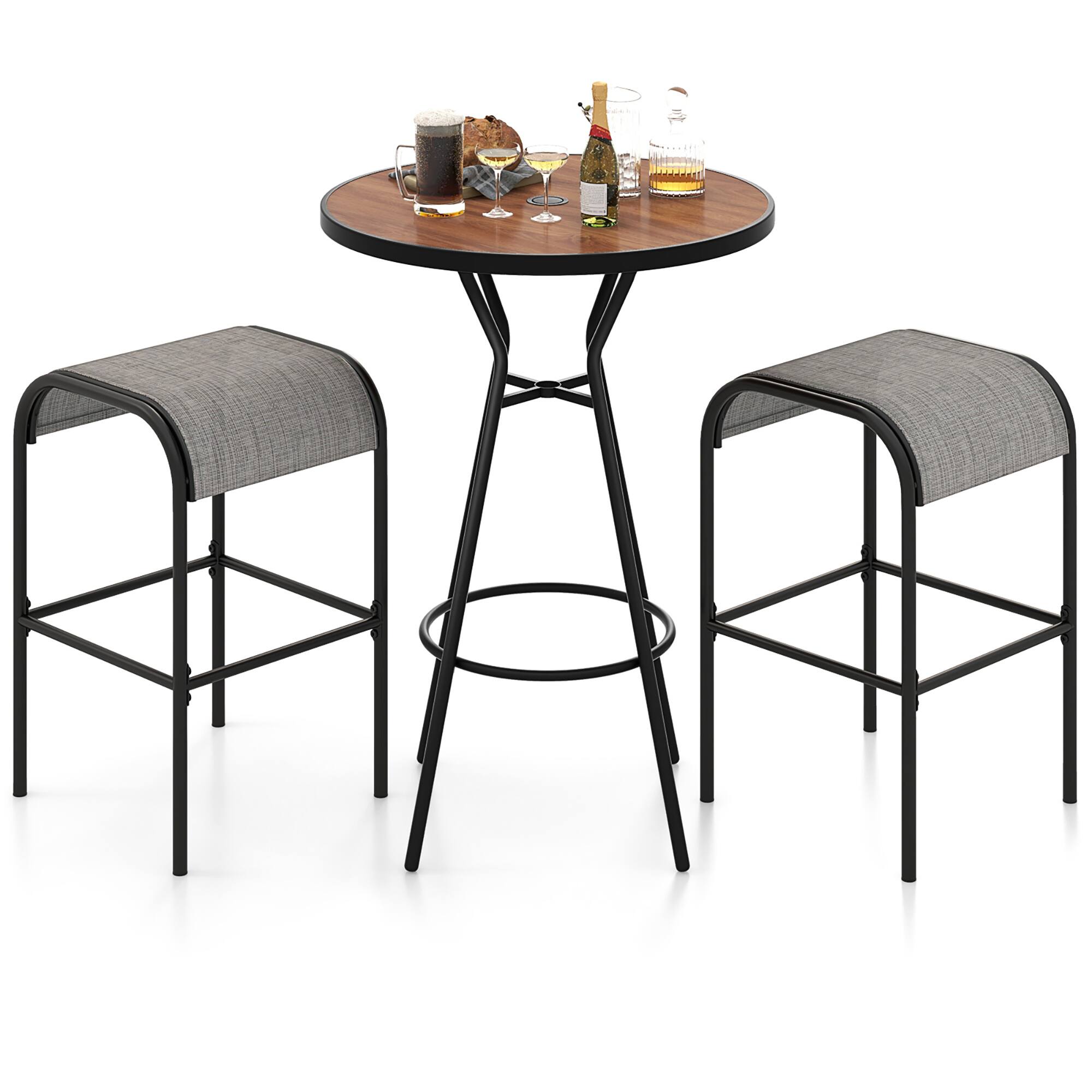 Alt View 9. Gymax - Gymax 3 PCS Patio Bistro Set Round Table w/ 1.6'' Umbrella Hole & 2 Stools Metal Frame - Natural, Black.