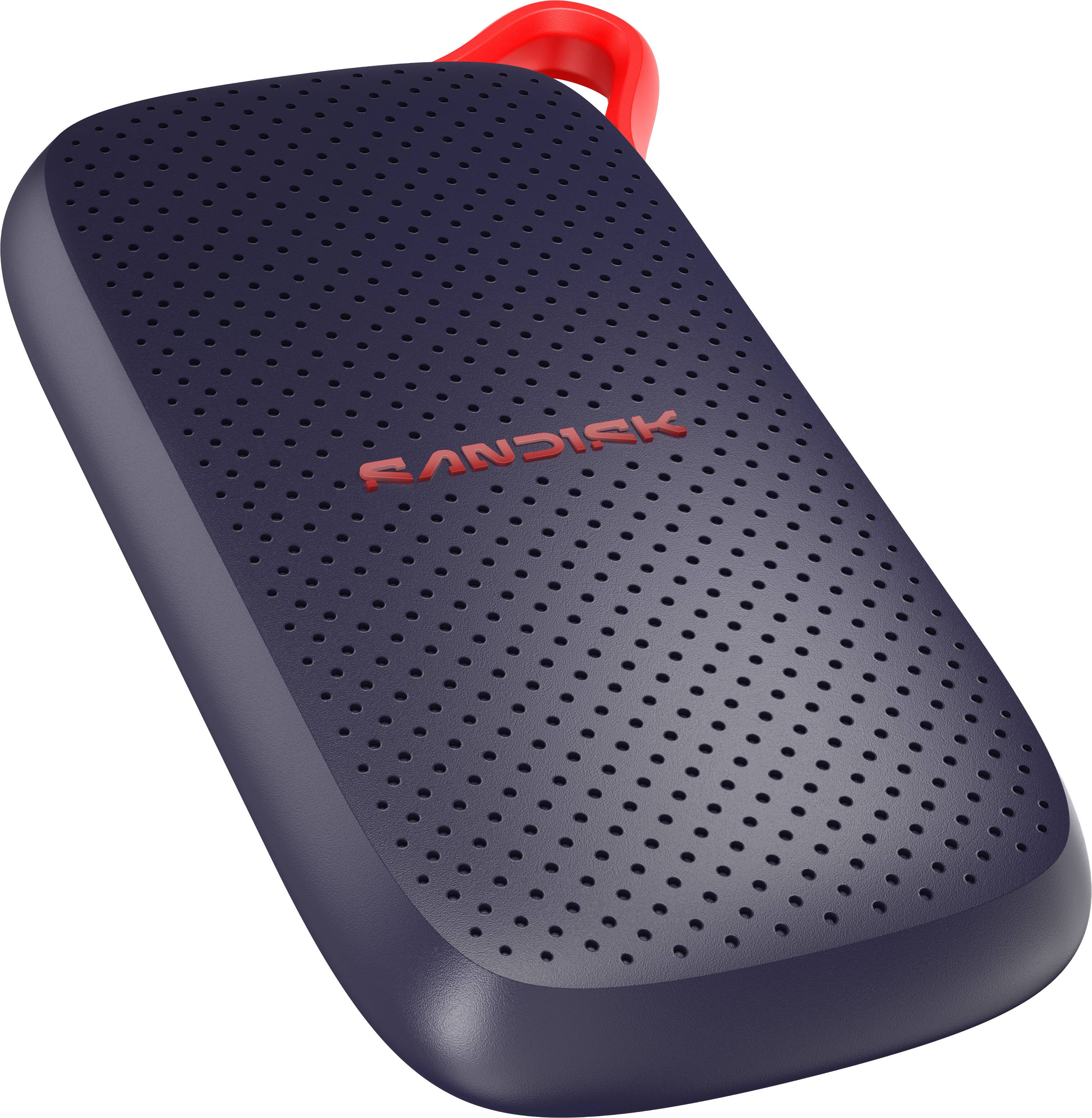 Left. SANDISK - 2TB Portable SSD speeds up to 1000 MB/s, up to 2-meter drop protection - Black.