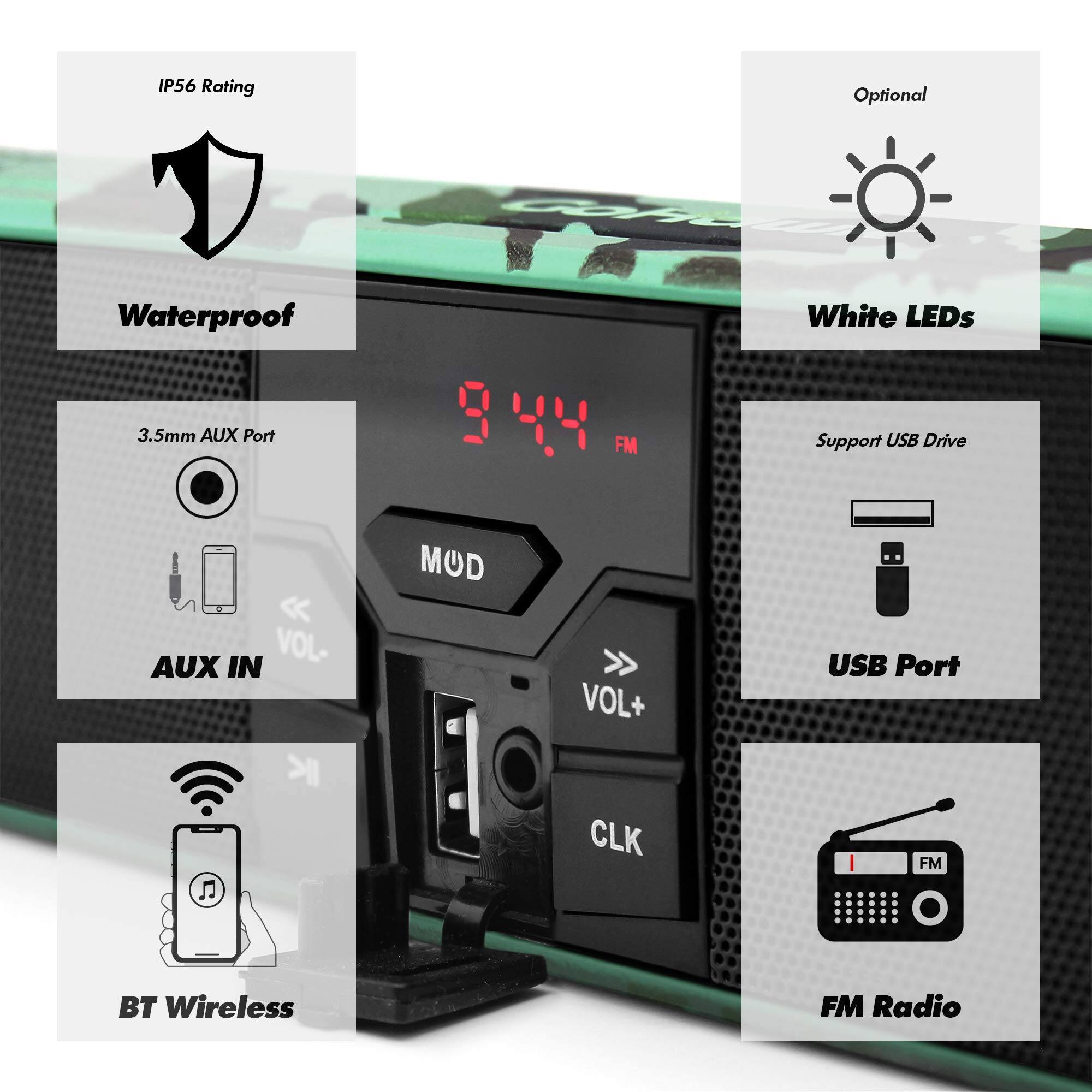 IP56 Rating  
Waterproof  
3.5mm AUX Port  
AUX IN  
Support USB Drive  
USB Port  
BT Wireless  
FM Radio  
Optional  
White LEDs