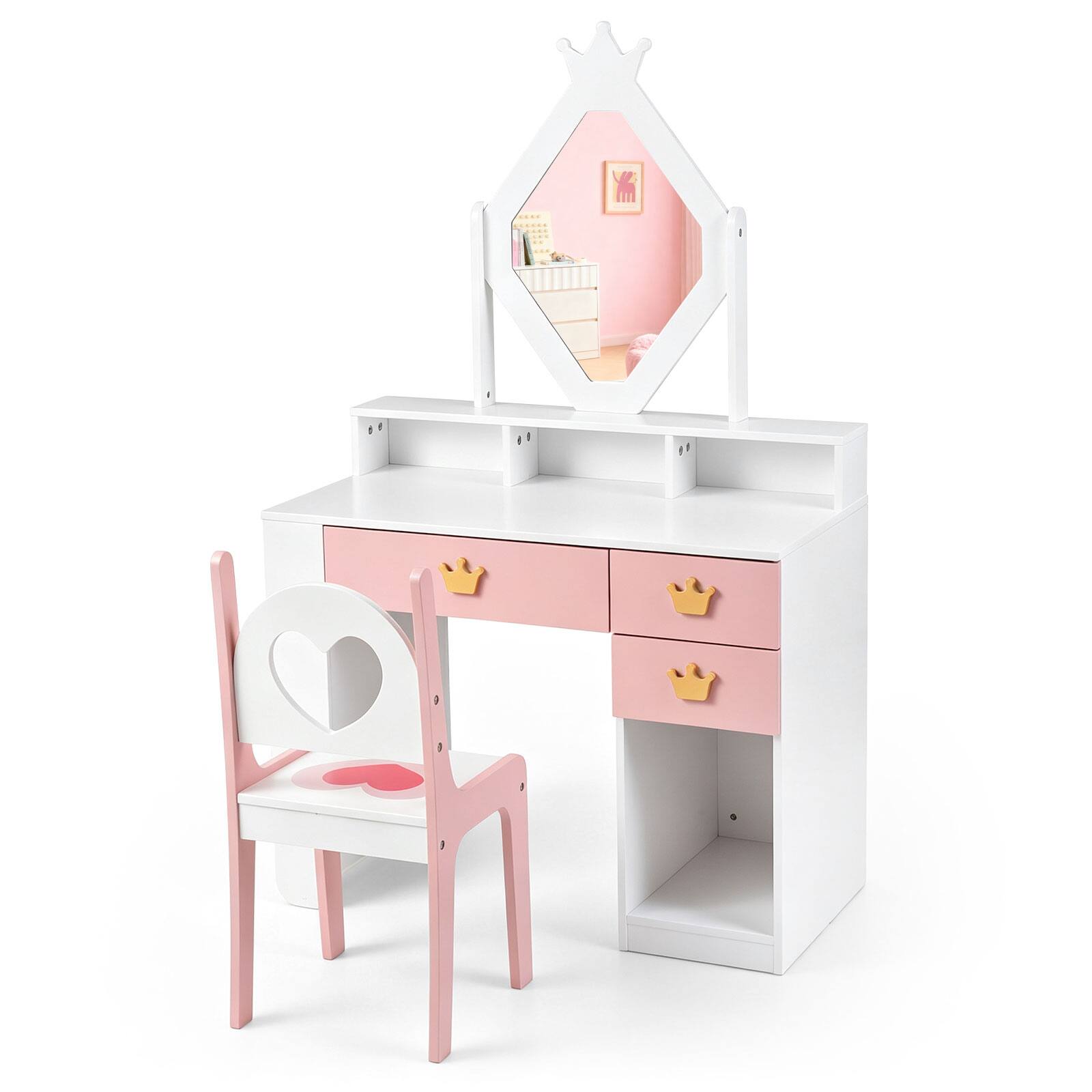 Alt View 9. Costway - Costway Kids Vanity Set with Crown Mirror & Chair, 3 Drawers, 3-Tier Storage Shelf - White & Pink.