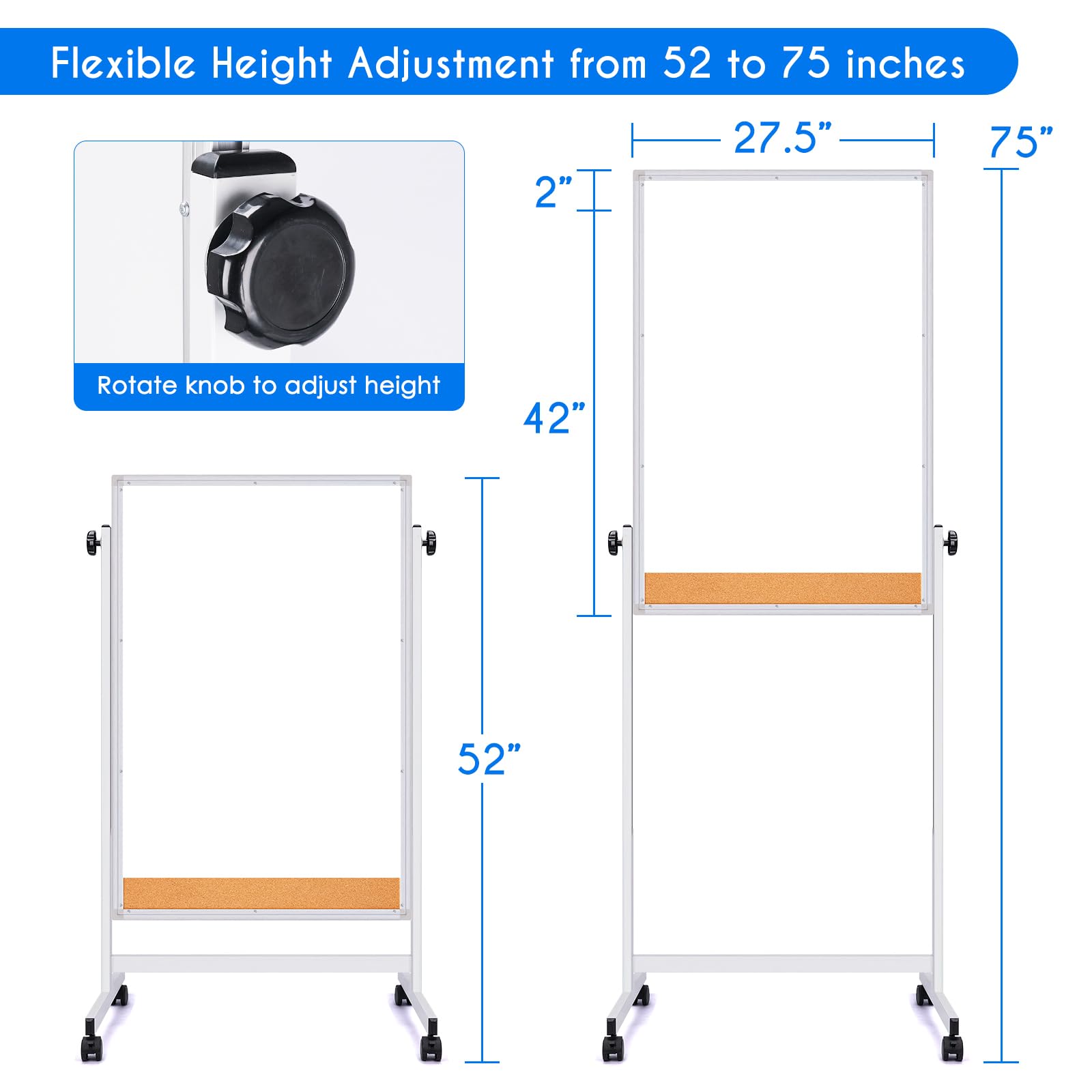 Flexible Height Adjustment from 52 to 75 inches

Rotate knob to adjust height

2"  
42"  
52"  
27.5"  
75"