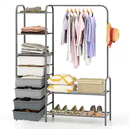 Costway - Heavy Duty Clothes Rack with 6 Removable Drawers 3-Tier Open Shelves & 2-Tier Metal Shoe Rack Side Hook - Gray