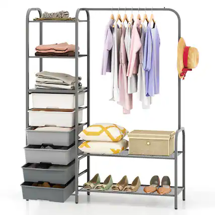 Front. Costway - Costway Heavy Duty Clothes Rack with 6 Removable Drawers 3-Tier Open Shelves & 2-Tier Metal Shoe Rack Side Hook - Grey.