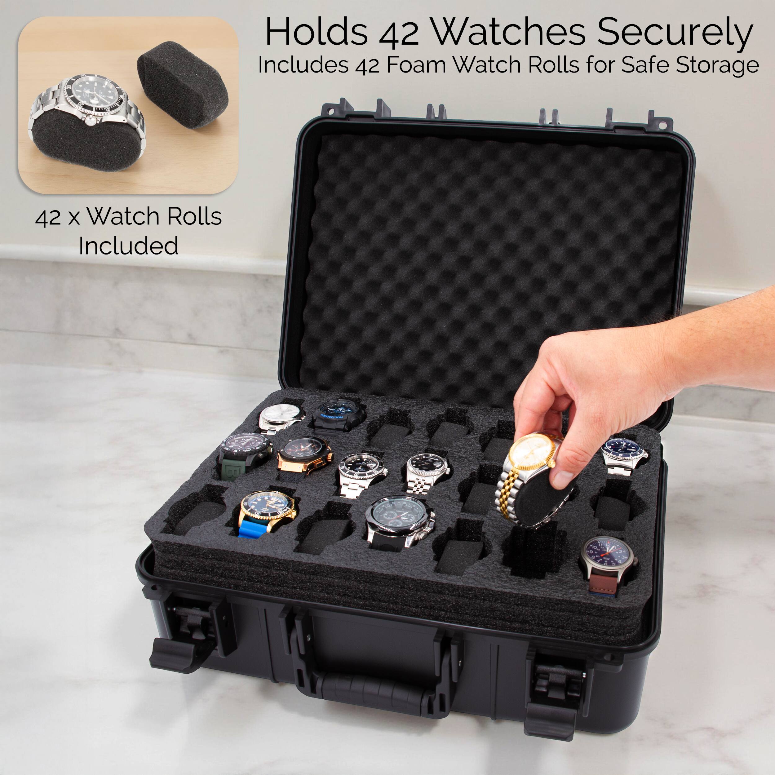 Holds 42 Watches Securely  
Includes 42 Foam Watch Rolls for Safe Storage  

42 x Watch Rolls Included