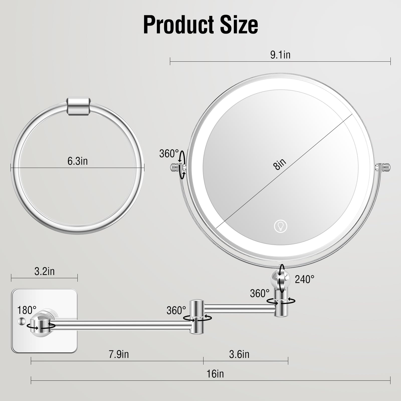 Product Size

- 9.1in
- 6.3in
- 8in
- 3.2in
- 3.6in
- 7.9in
- 16in

Angles:
- 360°
- 240°
- 180°