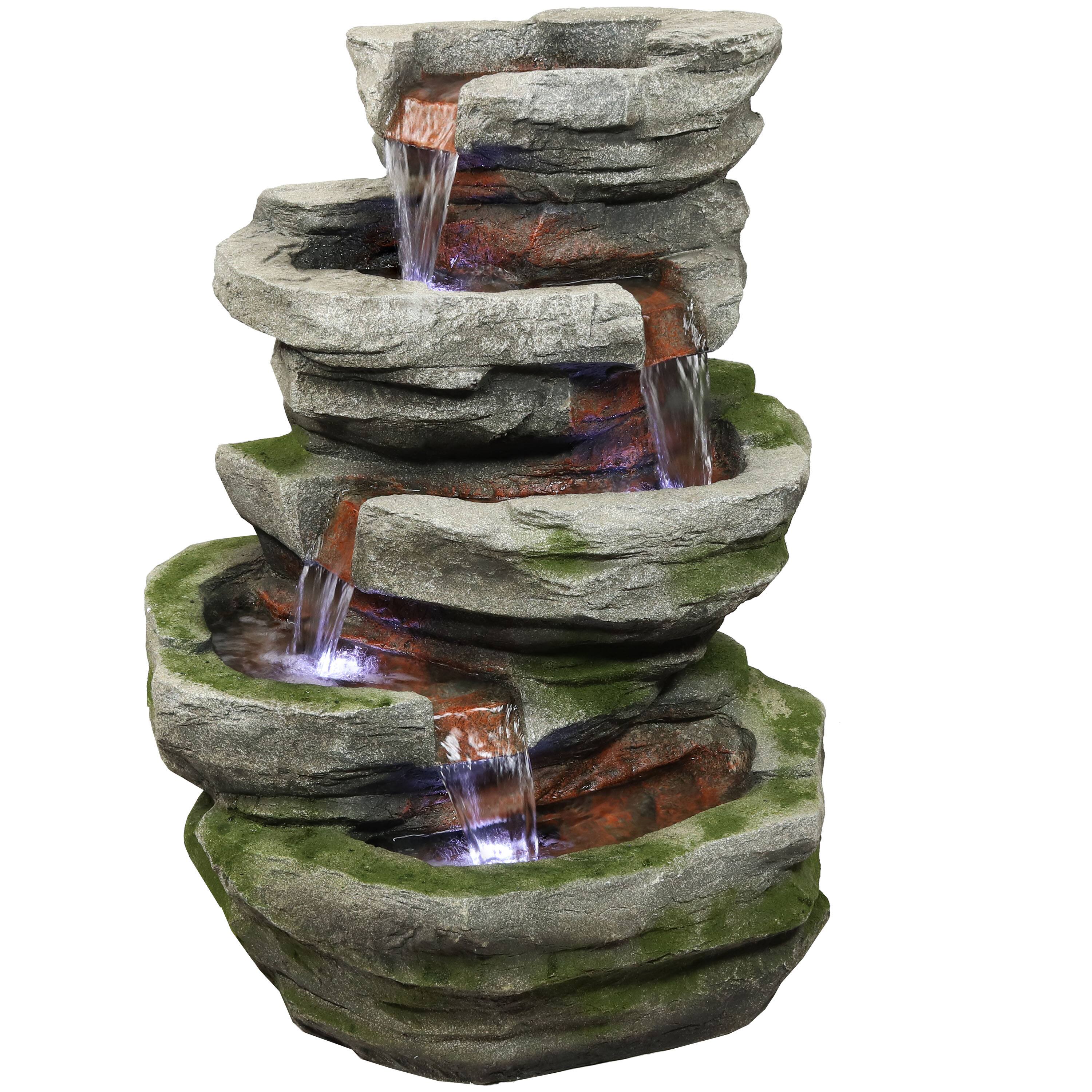 Front. Sunnydaze - Lighted Cobblestone Waterfall Fountain with LED Lights - 31 in - Light Brown.