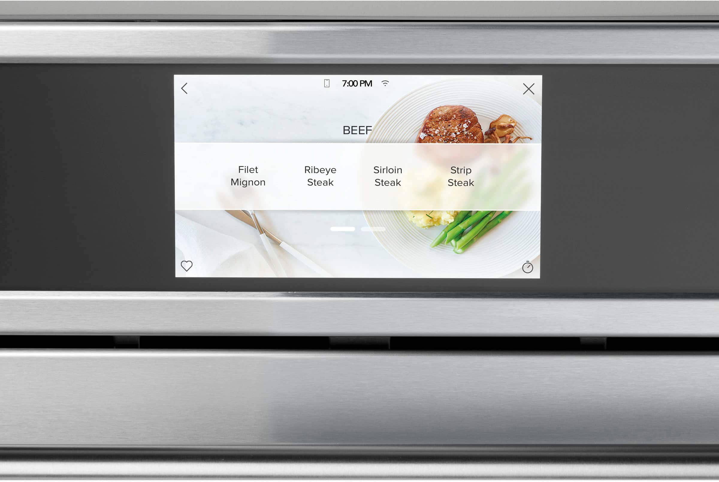 The text on the image reads "7:00 PM X BEEF Filet Mignon Ribeye Steak Sirloin Steak Strip Steak."