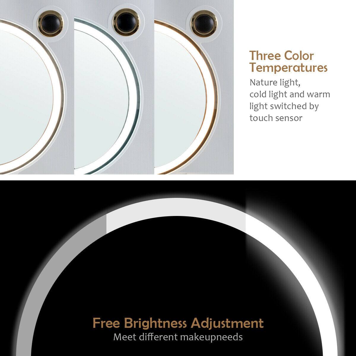 Three Color Temperatures  
Nature light, cold light and warm light switched by touch sensor  

Free Brightness Adjustment  
Meet different makeup needs