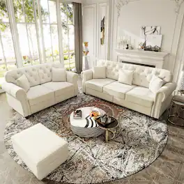 Anysun - 5-Seat Velvet Chesterfield Sofa Set (2+3) w/ Nailhead, Rolled Armrests, Button Tufted, 1 Ottoman, Mid-Century - White
