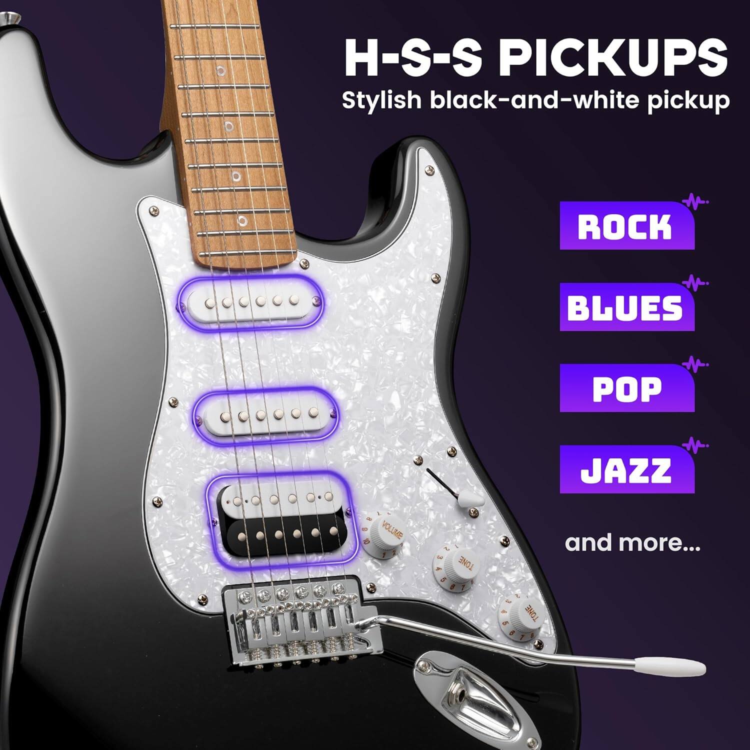 H-S-S PICKUPS  
Stylish black-and-white pickup  

ROCK  
BLUES  
POP  
JAZZ  

and more...