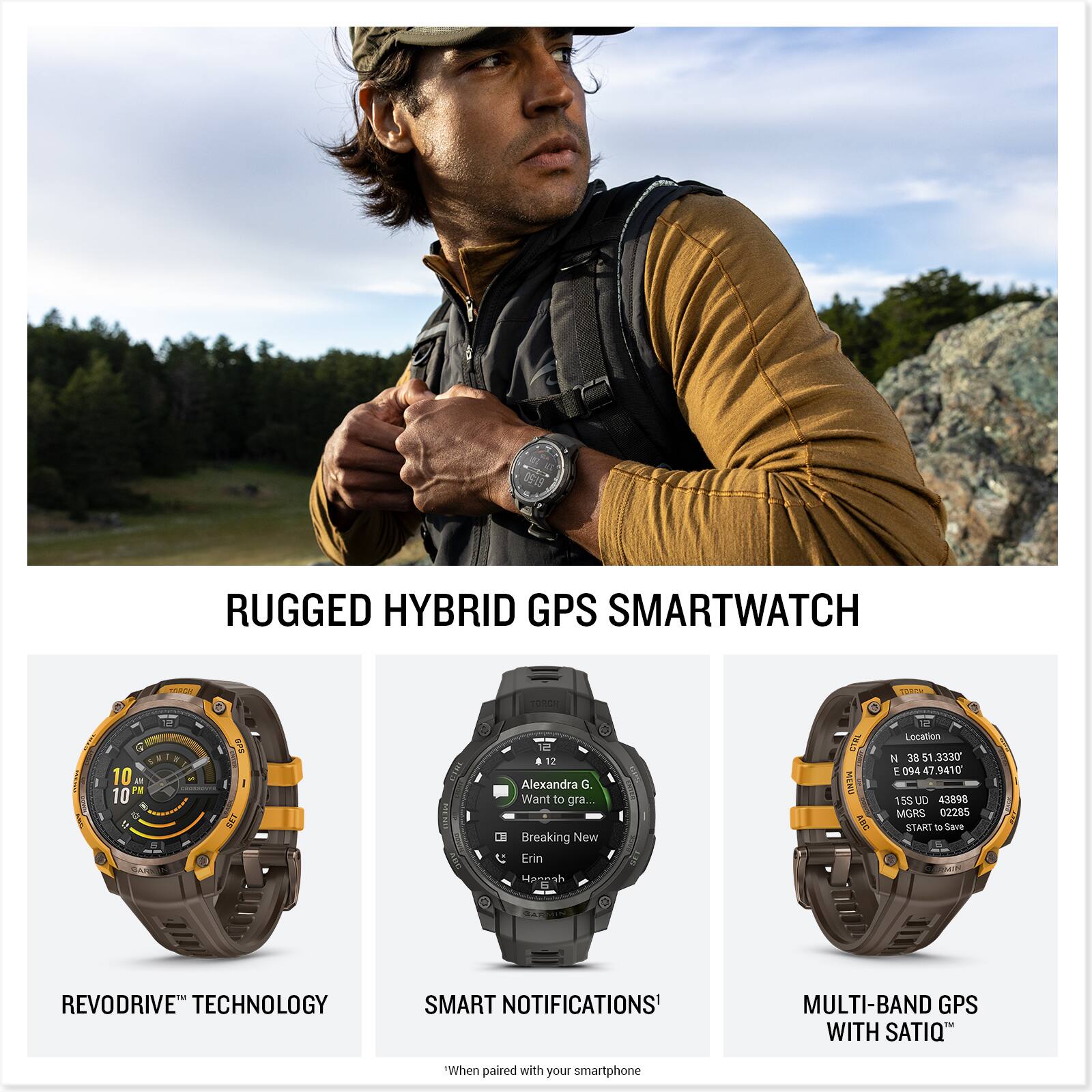 RUGGED HYBRID GPS SMARTWATCH

REVODRIVE™ TECHNOLOGY

SMART NOTIFICATIONS*

MULTI-BAND GPS WITH SATELLITE*

*When paired with your smartphone