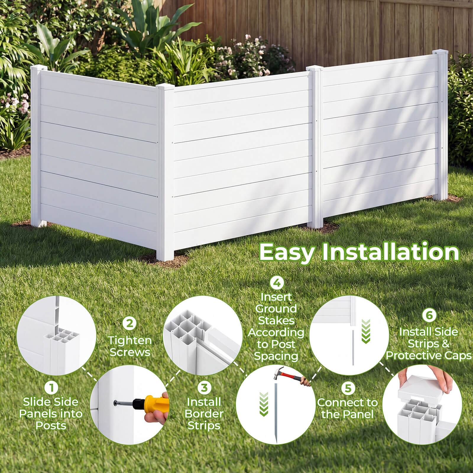 1. Slide Side Panels into Posts  
2. Tighten Screws  
3. Install Border Strips  
4. Insert Ground Stakes According to Post Spacing  
5. Connect to the Panel  
6. Install Side Strips & Protective Caps